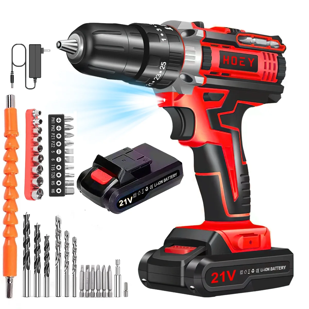 Hoey 21V Cordless Drill Set, Electric Power Drill 34Pcs with 3/8 Inch Keyless Chuck, 25+3 Clutch Compact Driver Drill with Work Light, Max torque 45Nm, 2-Variable Speed & Battery and Fast Charger