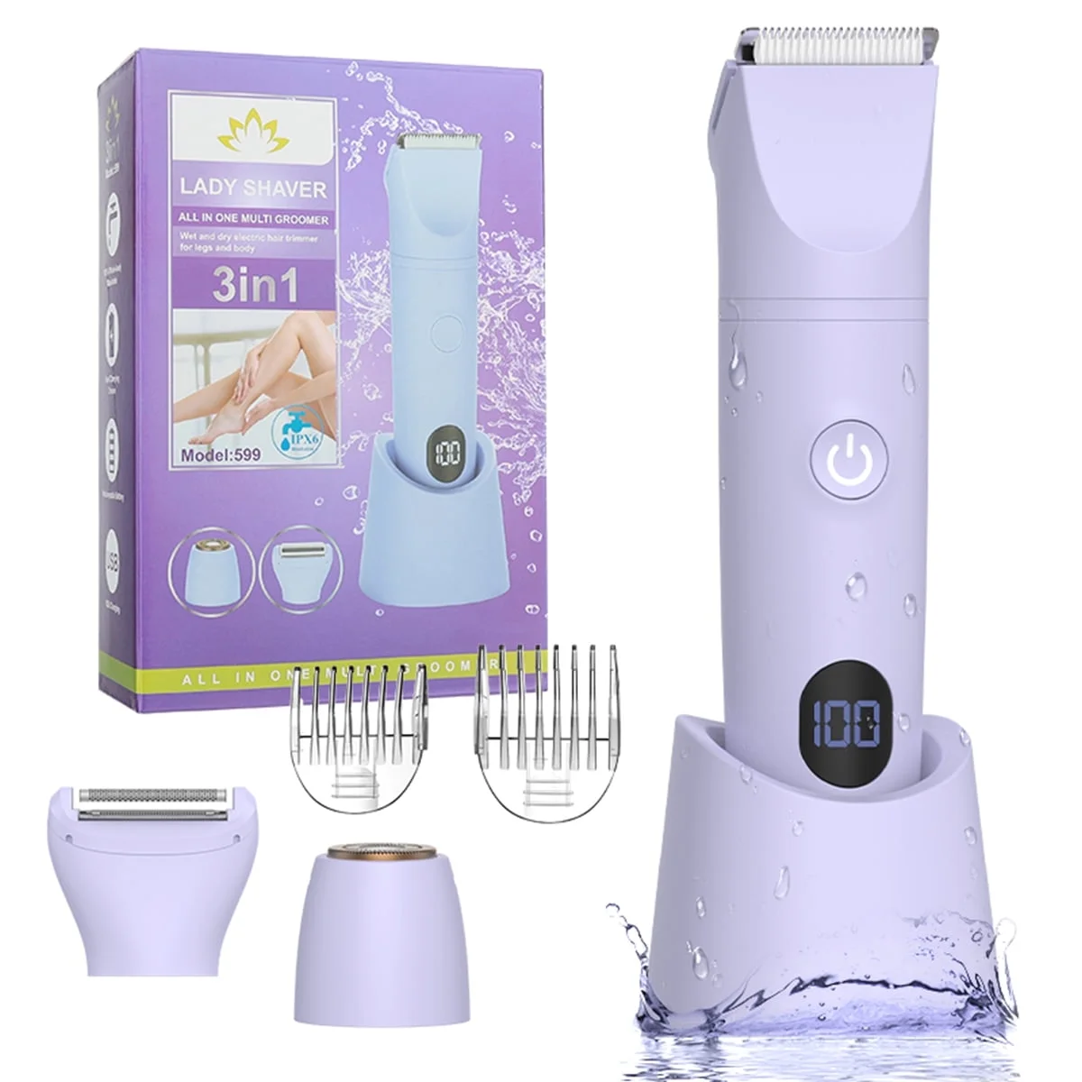 Electric Bikini Trimmer Shaver for Women - Pubic Hair Razors Shaver, 3 in 1 Bikini Trimmer Removal Set for Women's Body Face Lip Chin Underarm Legs Arm, IPX7 Waterproof Wet Dry Rechargeable Painless