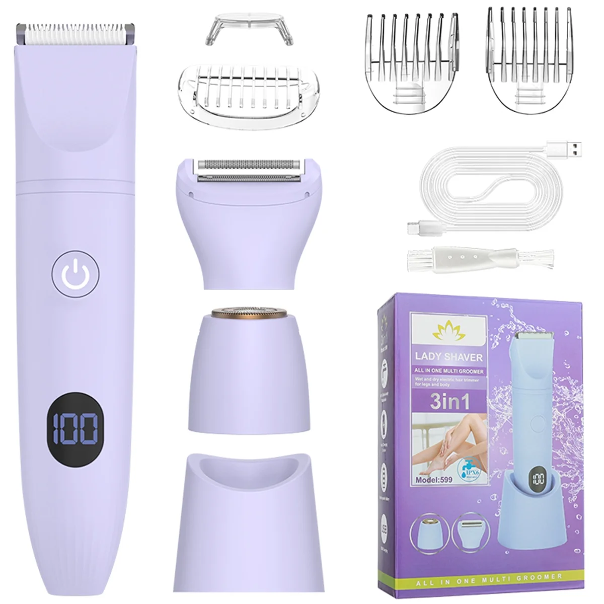 Electric Bikini Trimmer Shaver for Women - Pubic Hair Razors Shaver, 3 in 1 Bikini Trimmer Removal Set for Women's Body Face Lip Chin Underarm Legs Arm, IPX7 Waterproof Wet Dry Rechargeable Painless