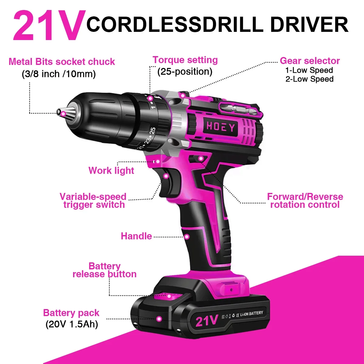 Hoey 21V Cordless Drill Set, Electric Power Drill 34Pcs with 3/8 Inch Keyless Chuck, 25+3 Clutch Compact Driver Drill with Work Light, Max torque 45Nm, 2-Variable Speed & Battery and Fast Charger