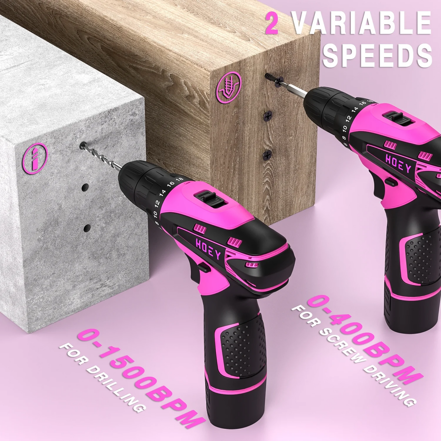 Hoey Pink Cordless Drill Set, 12V Power Drill Set Electric Screwdriver Driver Tool Kit for Women, 3/8" Keyless Chuck 1 Battery & Charger with Storage bag