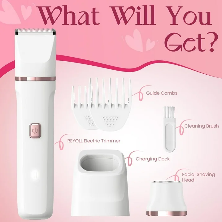 Bikini Trimmer for Women - Painless Electric Razors for Silk Skin,Cordless Body Shaver for Trip,Replaceable Lady Facial Razor, IPX7 Waterproof&Easy Cleaning, Ceramic Blade, USB Charge Dock