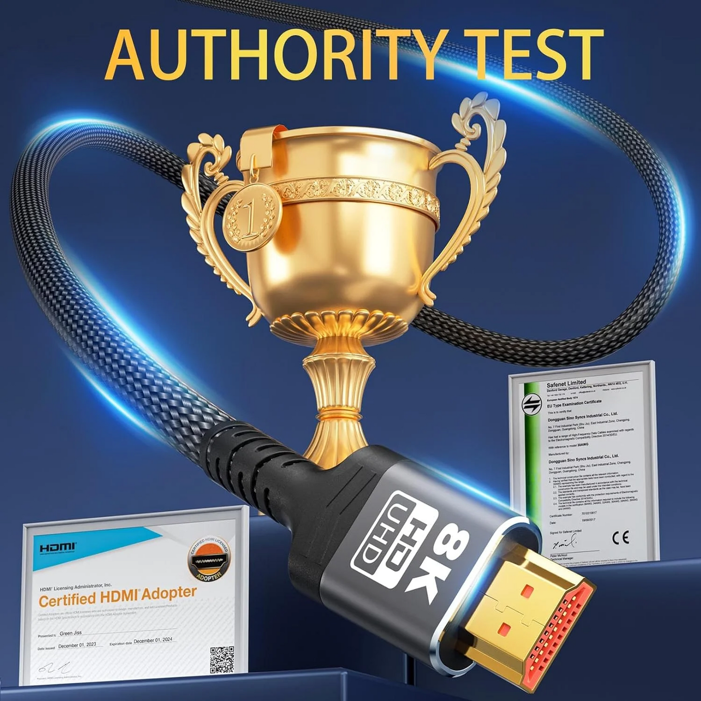 High Speed 8K 60Hz HDMI Cable 3.3FT/1M, 2.1 48Gbps HDMI Braided Cable-4K@120Hz 7680P,DTS:X,HDCP 2.2 & 2.3, HDR 10,eARC,Dynamic HDR,Compatible for Laptop, Monitor, Roku TV