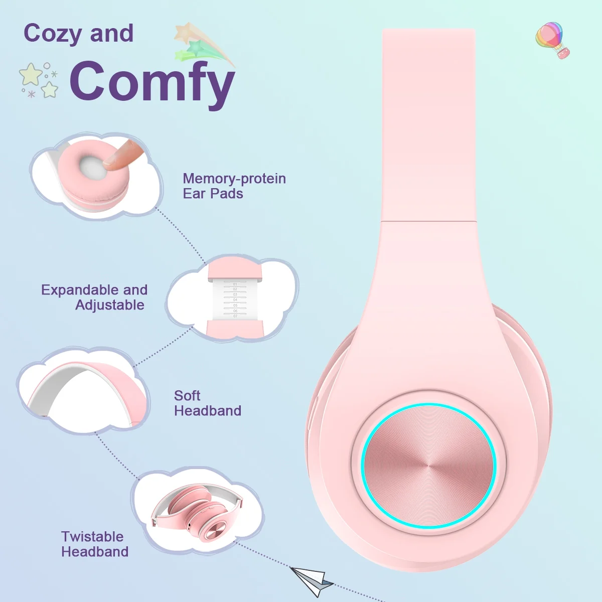 Kids Headphones Wired with Microphone, Over Ear 85/94dB Volume Limited Headphones with Share Port, Stereo Sound Foldable Headset for Teens/Boys/Girls - Pink