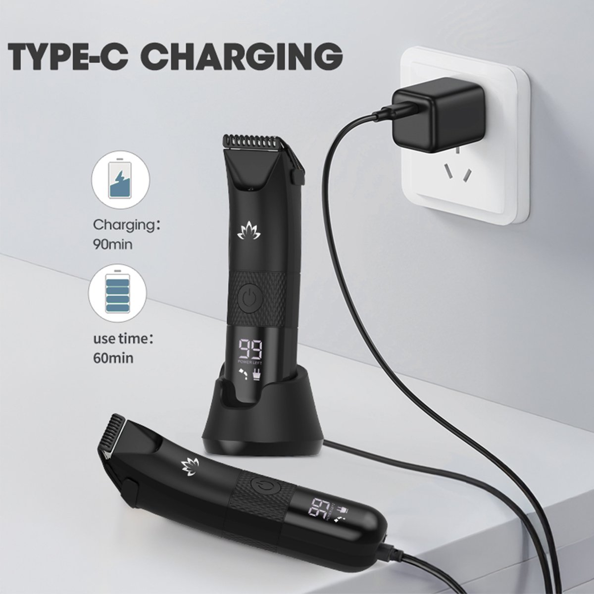 Electric Manscape Trimmer for Men, Waterproof Ball Trimmer for Pubic/Body/Groin Grooming with Ceramic Blade, LED Light, Charging Base