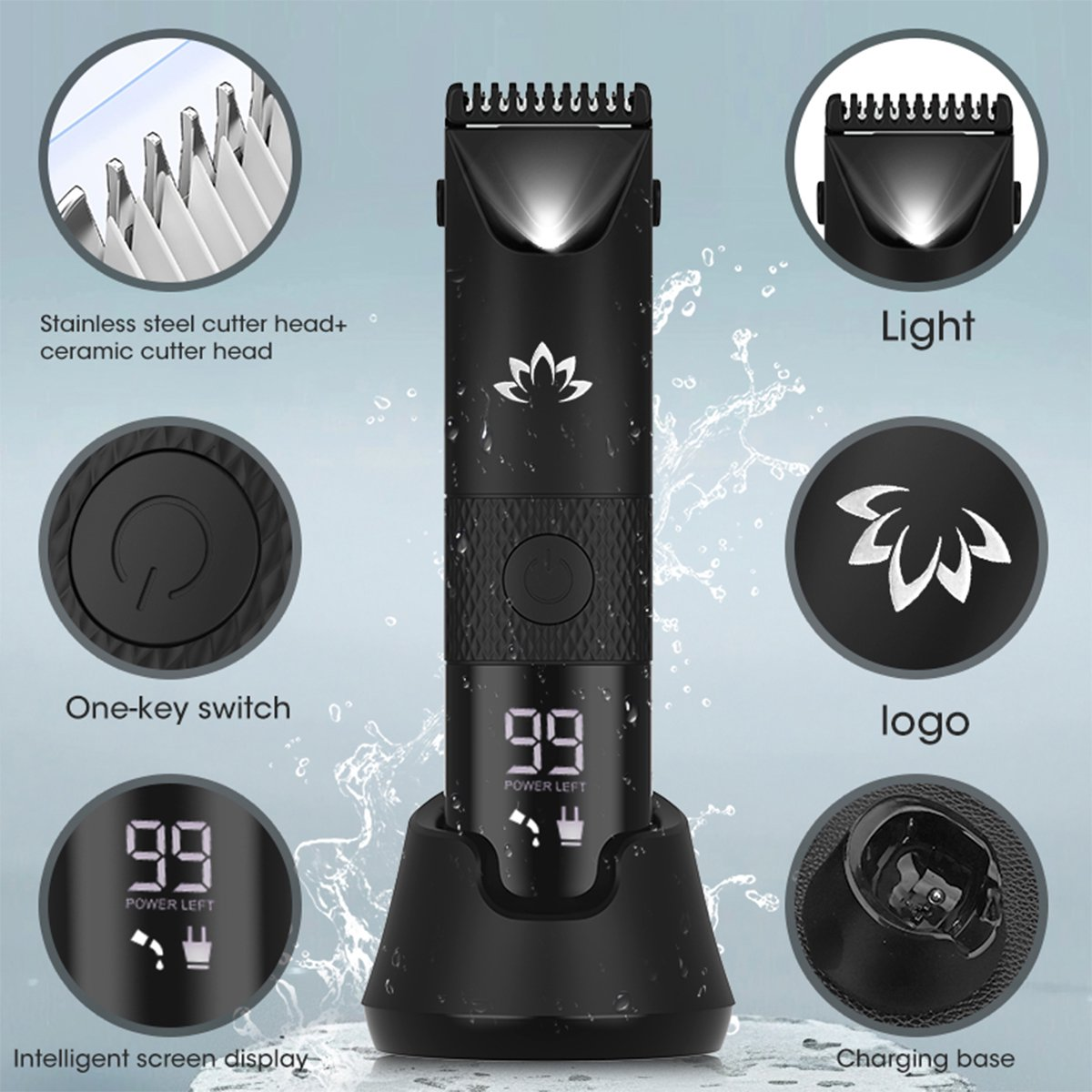 Electric Manscape Trimmer for Men, Waterproof Ball Trimmer for Pubic/Body/Groin Grooming with Ceramic Blade, LED Light, Charging Base