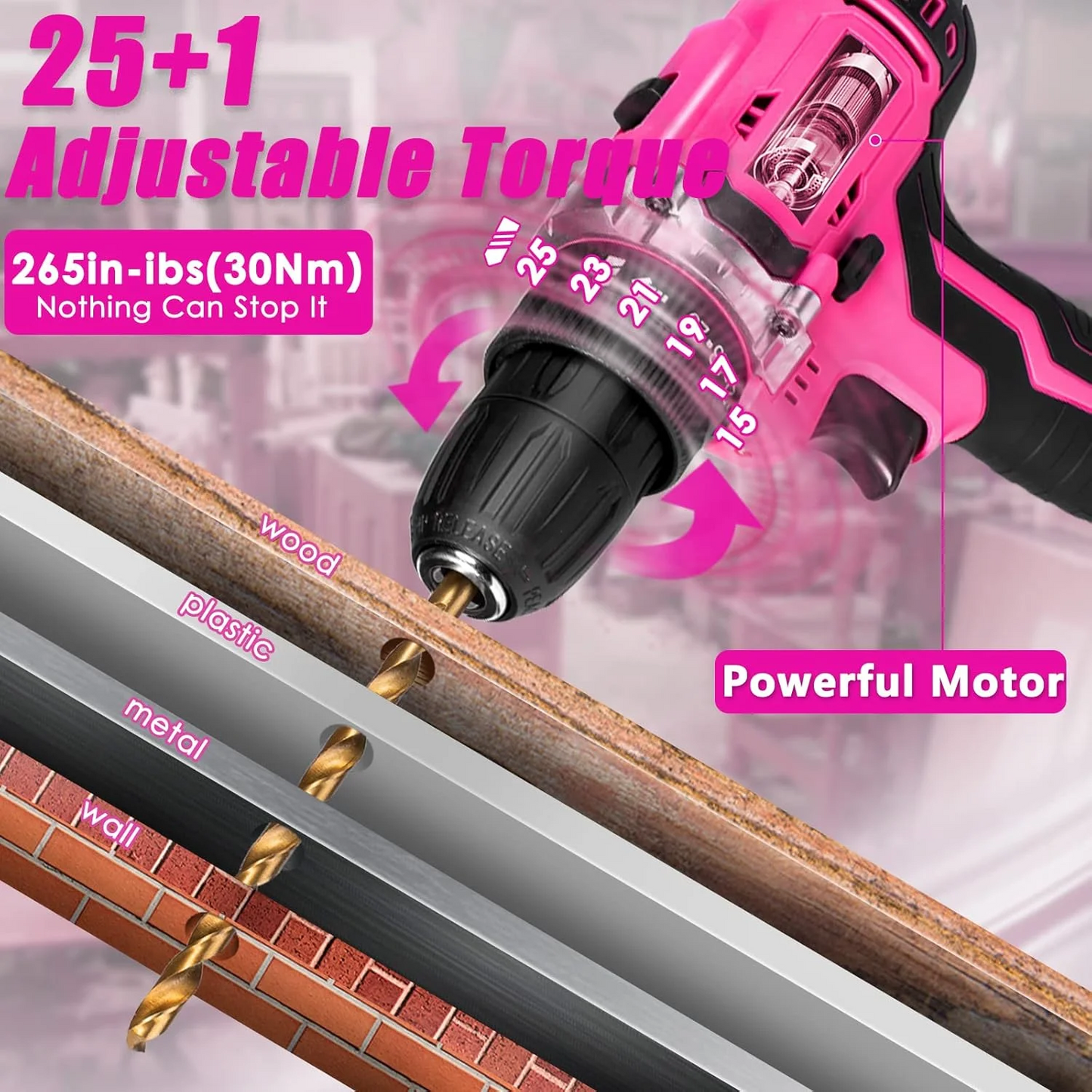 Power Drill Cordless Set with Battery and Charger, 20V Rechargeable Small Drill Machine for Home Use, Wireless Electric Wall Drill Driver Kit with 25+1 Torque, Variable Speed