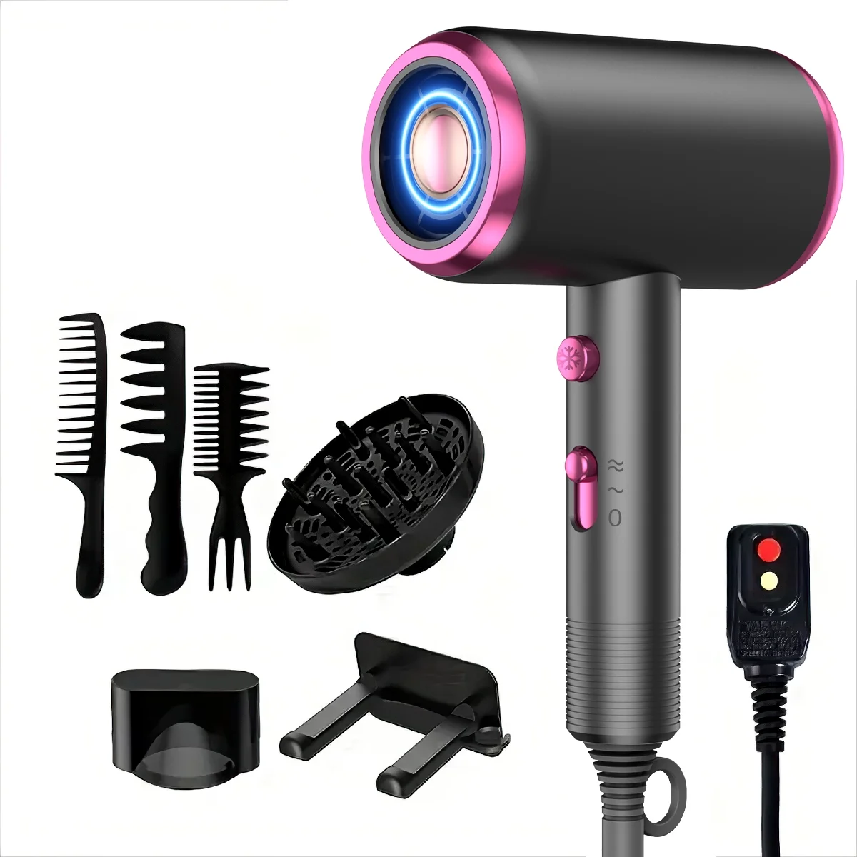 Professional Ionic Hair Dryer, Powerful, 1800W, Fast Drying, Low Noise, Blow Dryer, 2 Concentrator Nozzle, 1 Diffuser, Attachments, Home Salon, Travel