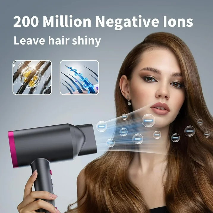 Professional Ionic Hair Dryer, Powerful, 1800W, Fast Drying, Low Noise, Blow Dryer, 2 Concentrator Nozzle, 1 Diffuser, Attachments, Home Salon, Travel
