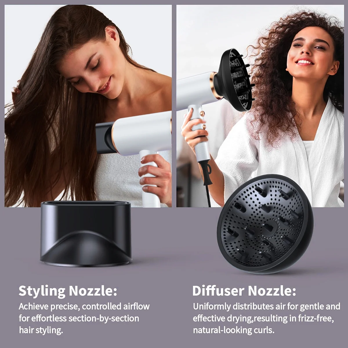 Professional Ionic Hair Dryer, Powerful, 1800W, Fast Drying, Low Noise, Blow Dryer, 2 Concentrator Nozzle, 1 Diffuser, Attachments, Home Salon, Travel