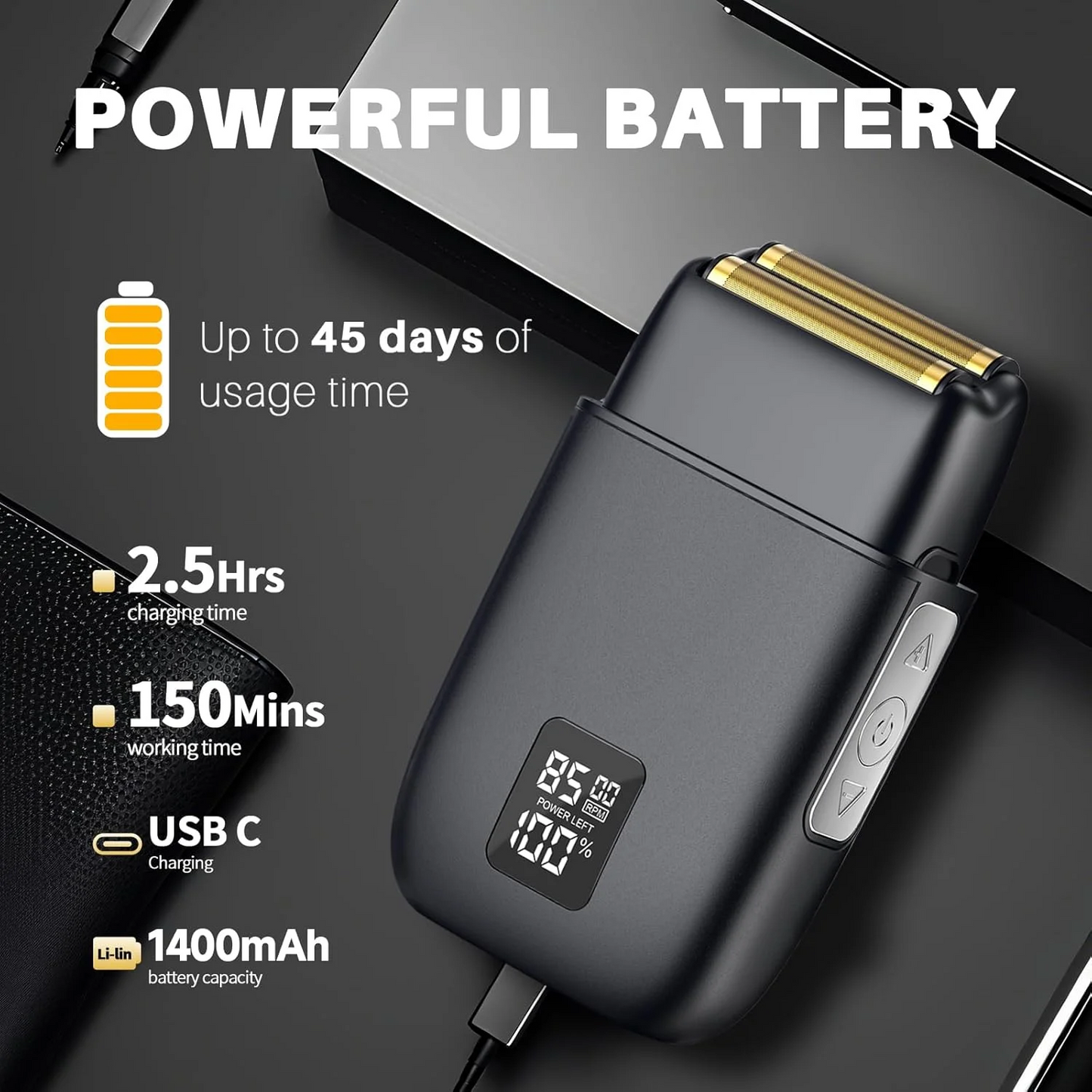 Electric Foil Shaver for Men: Portable Electric Razor for Beard/Face - 3 Floating Blade LED Display USB-C Fast Rechargeable - IPX7 Waterproof for Travel & Home
