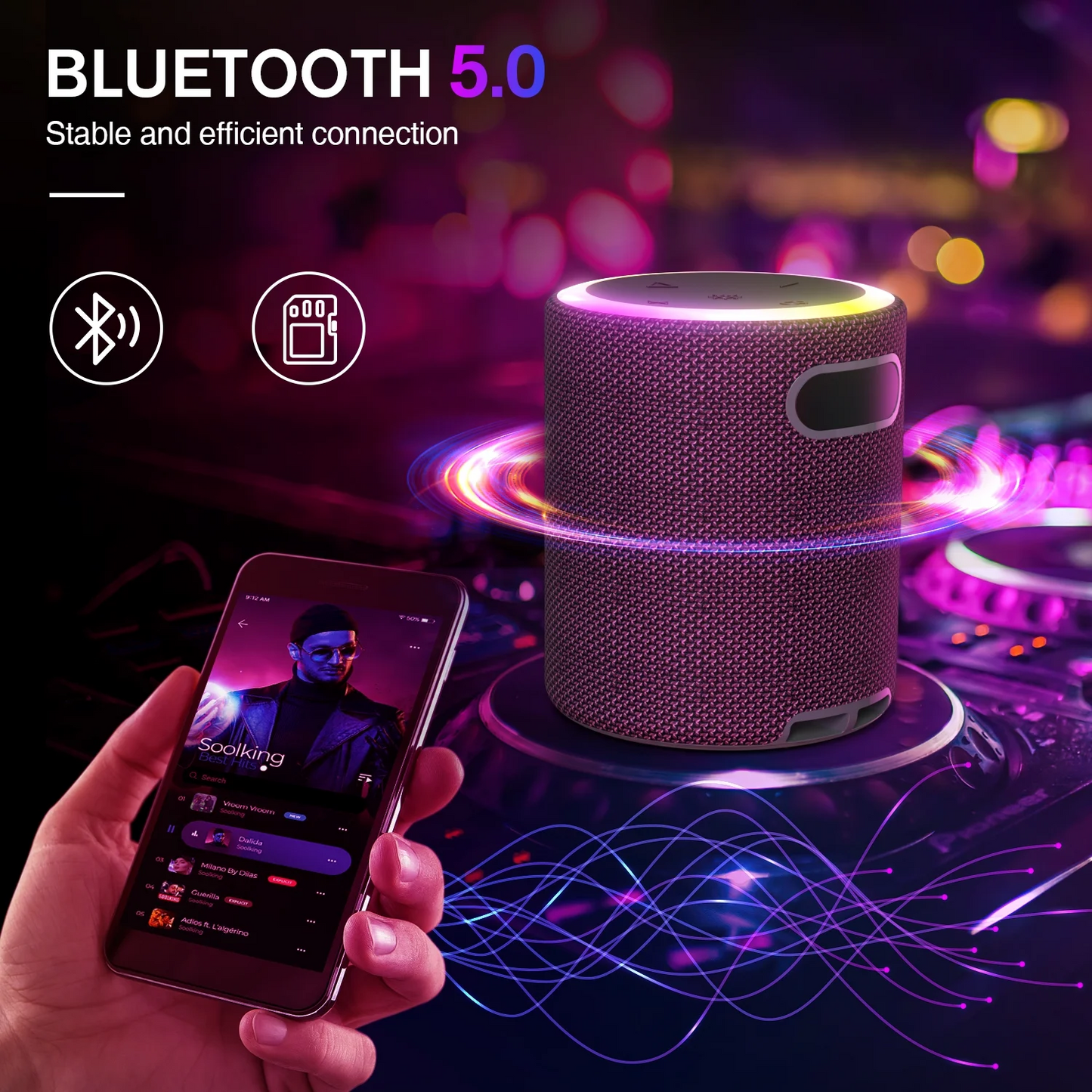 Portable Bluetooth Speaker with Lights, Powerful Crystal Clear Sound, IPX5 Waterproof, All Day Playtime, AUX&TF-Card Input, Bluetooth 5.3, TWS Paring, Small Wireless Speaker for Outdoor, Gift Ideas