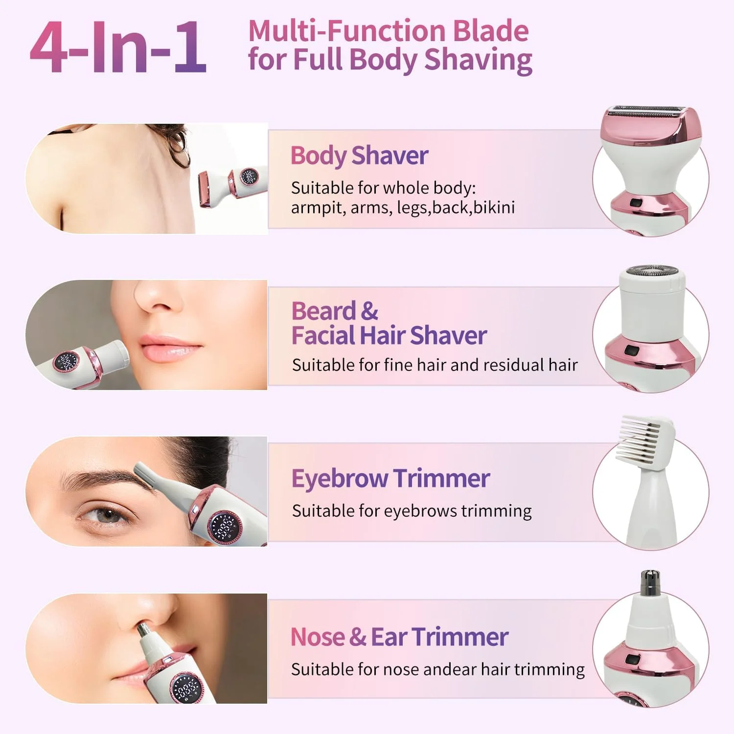 Bikini Trimmer for Women,4-in-1 Electric Razors for Women,IPX7 Waterproof Rechargeable Cordless Pubic Hair Shaver with LED Display for Ladies Bikini Pubic, Face, Underarms, Legs