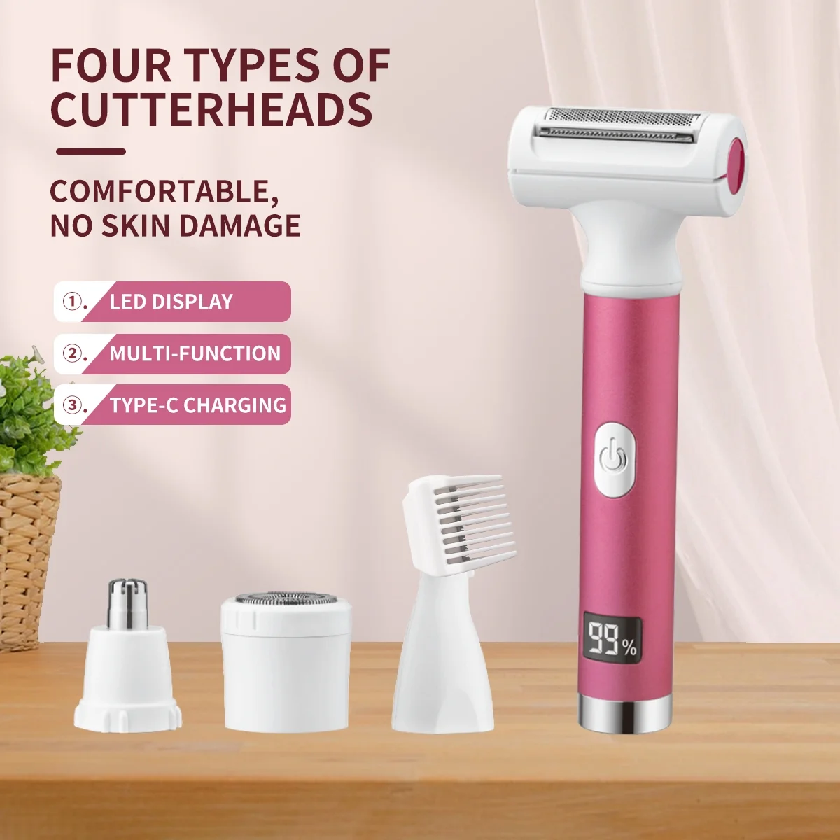 Hoey 5 in 1 Painless Hair Remover for Women, Facial Hair Removal, Electric Cordless Shaver Set, Wet & Dry Lady Razor for Women for Bikini Line, Nose Hair, Eyebrow, Arm, Leg USB Rechargeable