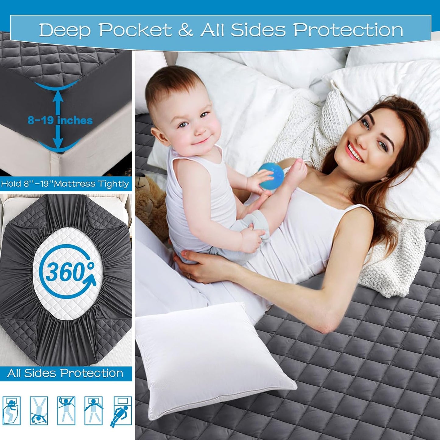 Twin XL Size Grey Quilted Fitted Mattress Pad, 100% Waterproof Breathable Mattress Protector, Noiseless Hollow Cotton Mattress Topper, Fitted 8"-19" Deep, Dust Proof