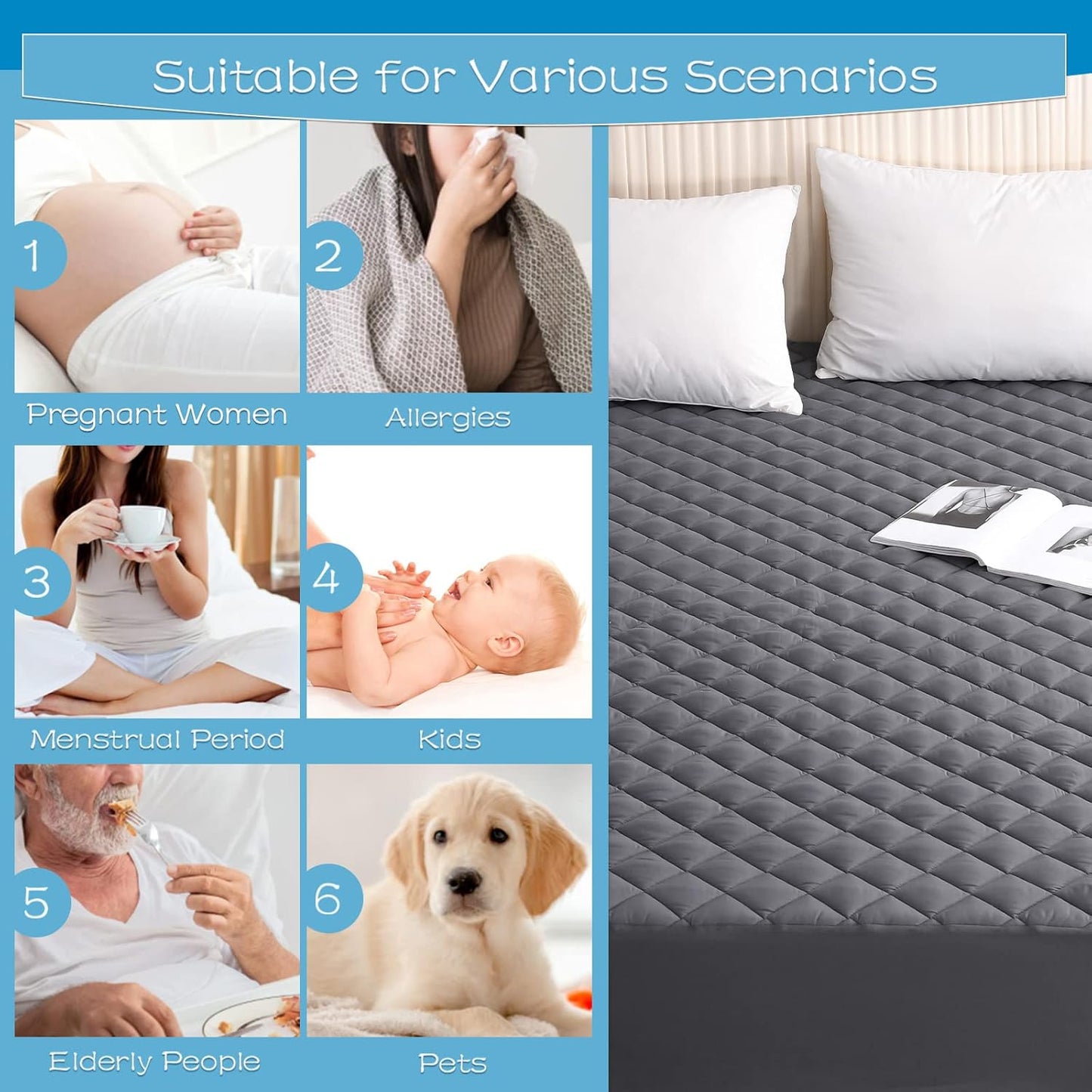 Twin XL Size Grey Quilted Fitted Mattress Pad, 100% Waterproof Breathable Mattress Protector, Noiseless Hollow Cotton Mattress Topper, Fitted 8"-19" Deep, Dust Proof