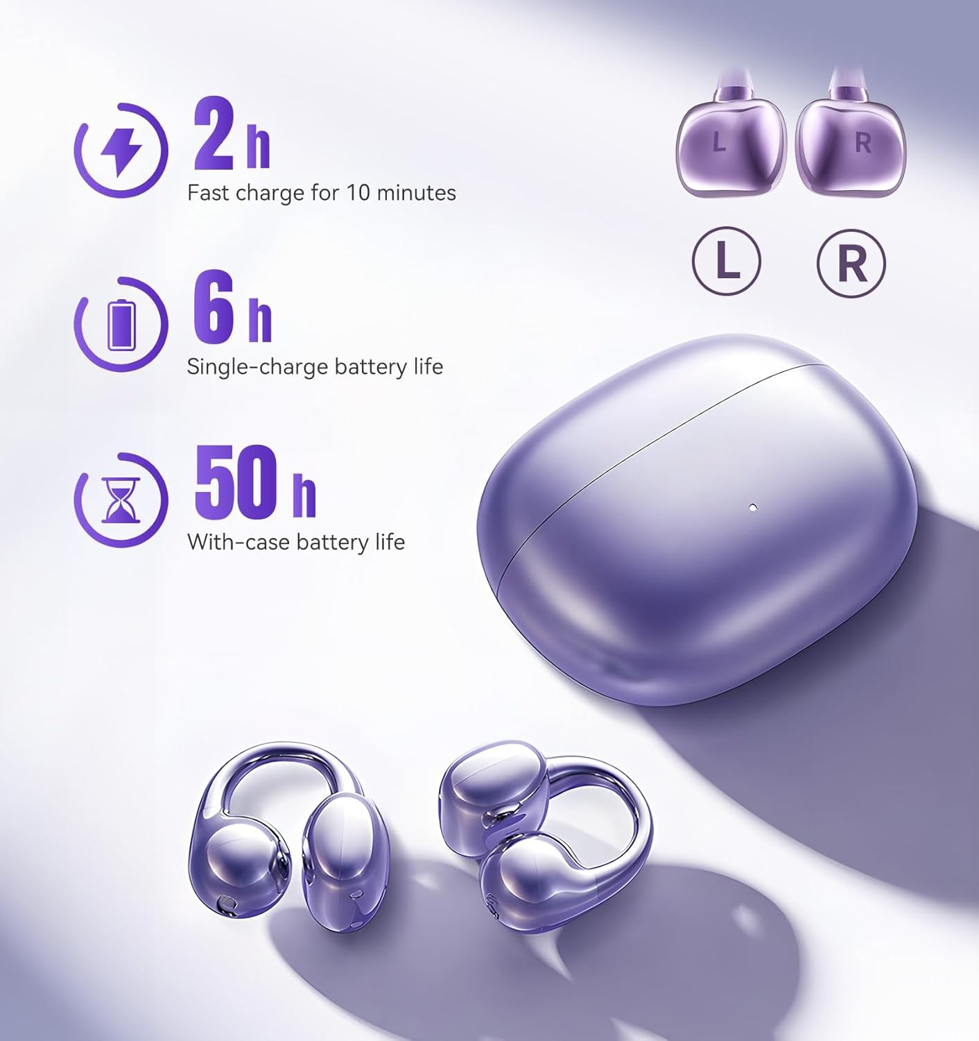 Clip on Earbuds Open Ear Wireless Bluetooth 5.4 Headphones with Mic,50H Play,Noise Cancelling,Waterproof,Sports Ear Buds,Lightweight Open Ear Headphones with C-Shaped Bridge,Workouts (Purple)