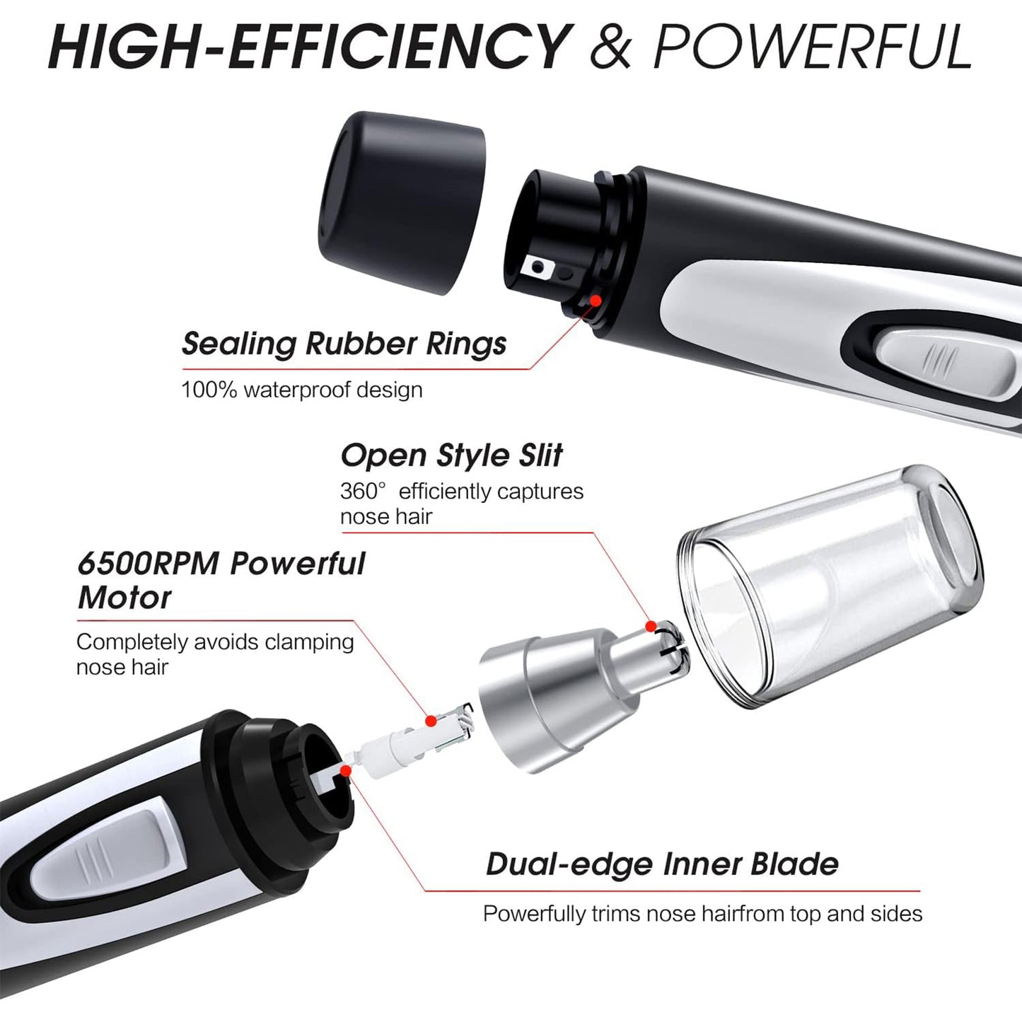 Ear and Nose Hair Trimmer Clipper - Professional Painless Eyebrow & Facial Hair Trimmer for Men Women, Battery-Operated Trimmer with IPX7 Waterproof, Dual Edge Blades for Easy Cleansing Black