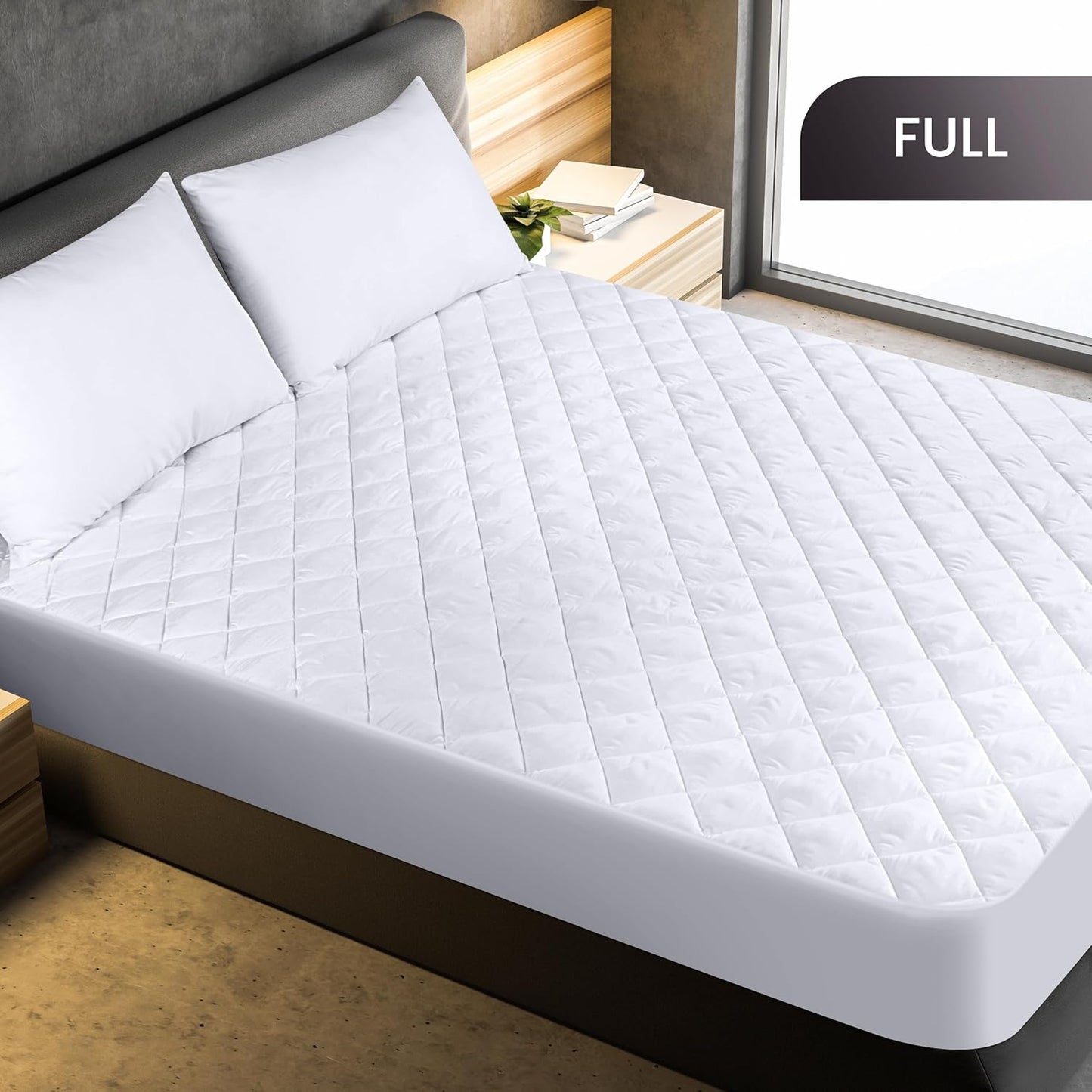 Quilted Fitted Mattress Pad, Full Size, Elastic Fitted Mattress Topper Protector and Cover Stretches up to 16 Inches Deep, Machine Washable (White)
