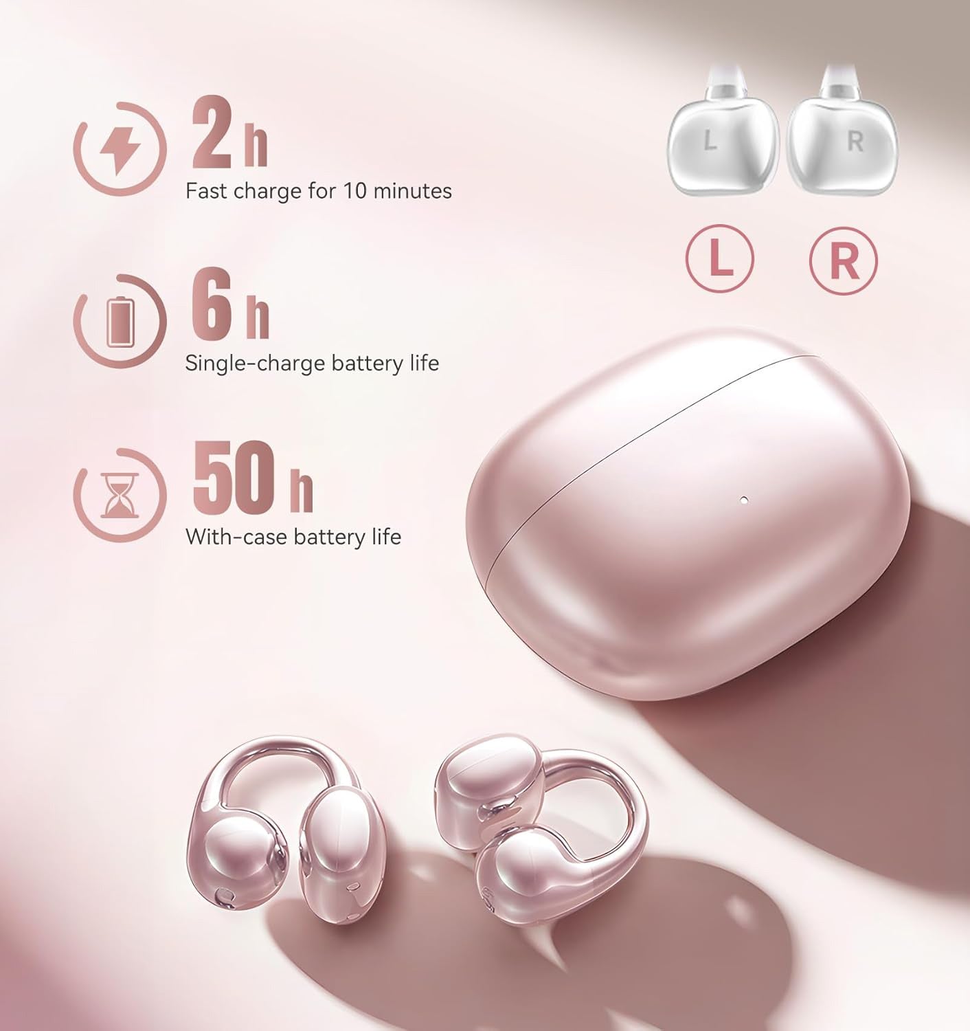 Clip on Earbuds Open Ear Wireless Bluetooth 5.4 Headphones with Mic,50H Play,Noise Cancelling,Waterproof,Sports Ear Buds,Lightweight Open Ear Headphones with C-Shaped Bridge,Workouts (Pink)