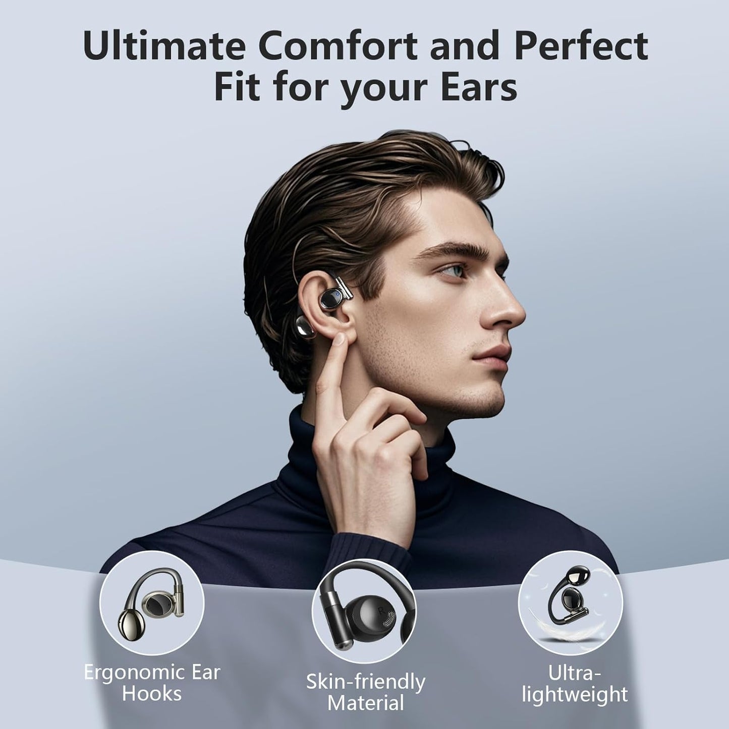 Open Ear Headphones, Bluetooth 5.4 True Wireless Earbuds Air Conduction Headphones with Mic Clear Calls, Comfort Fit Over Ear Headphones with Ear Hooks, 56H Playtime, IPX6 for Sport