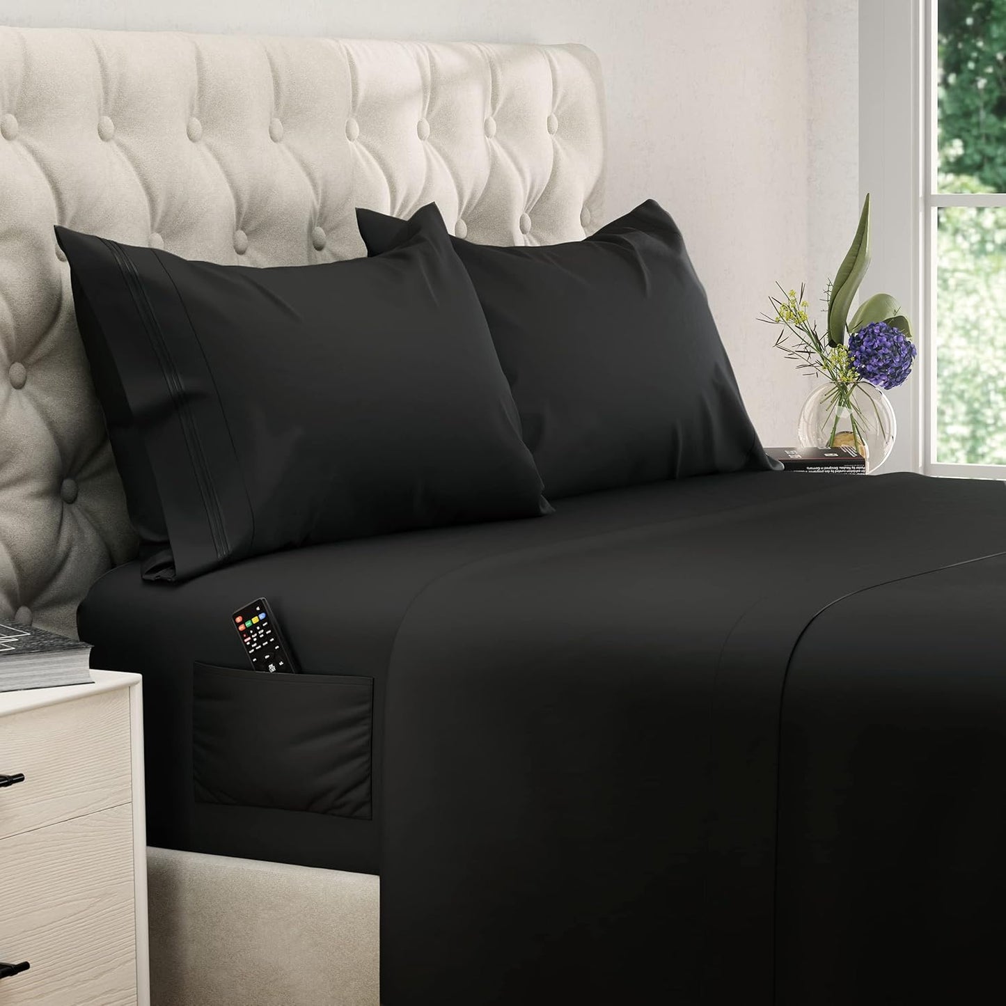 Naiade King Size Sheet Set,Soft Microfiber 4 Piece Hotel Luxury Bed Sheets with Deep Pockets, Embroidered Pillow Case,Side Storage Pocket Fitted Sheet, Flat Sheet (Black)