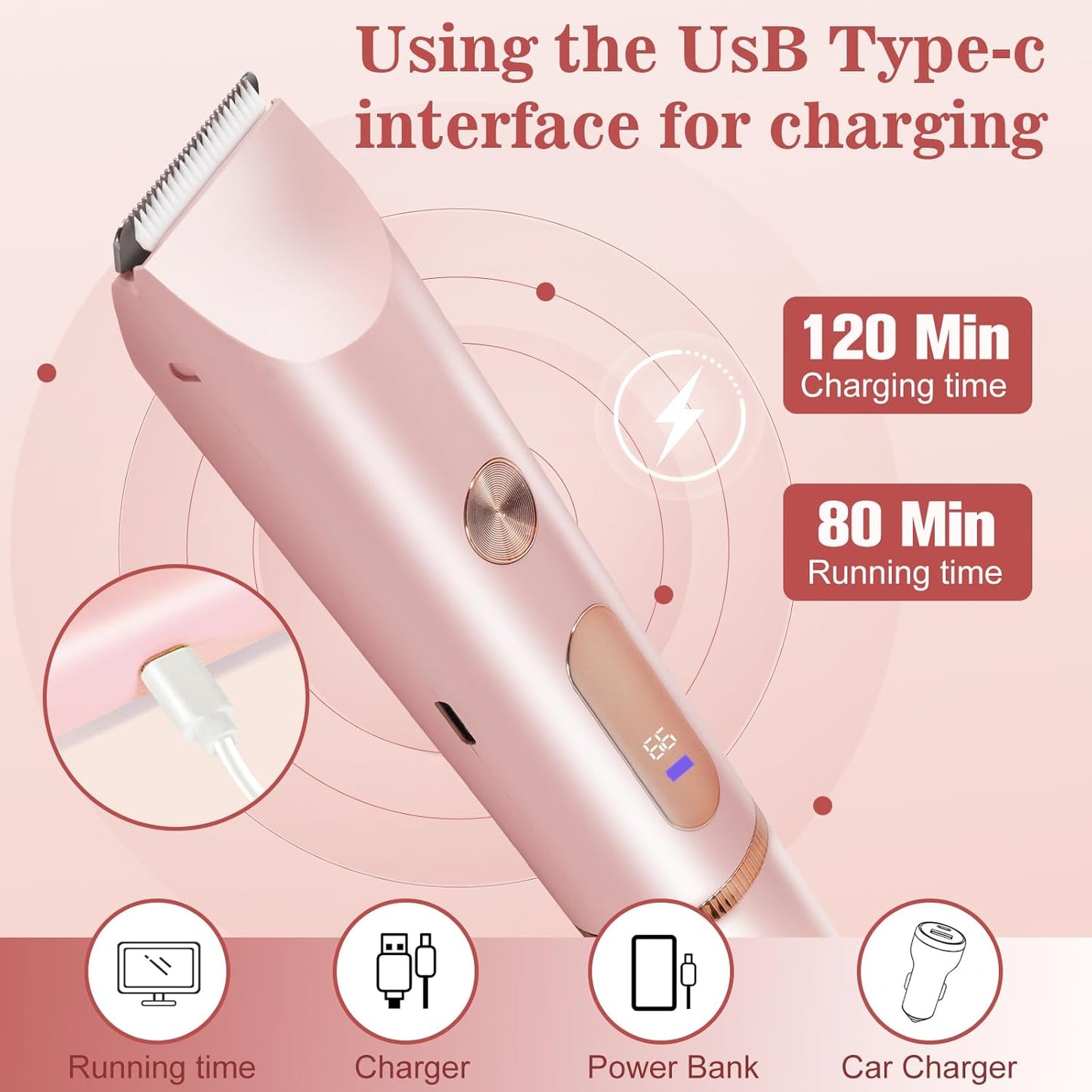 Bikini Trimmer for Women 2 in 1 High Power Epilators Hair Removal Waterproof Electric Razors Women's Electric Razor Pubic Hair Trimmer Shaver for Women for Ladies Pubic, Face, Underarms, Legs (Pink)