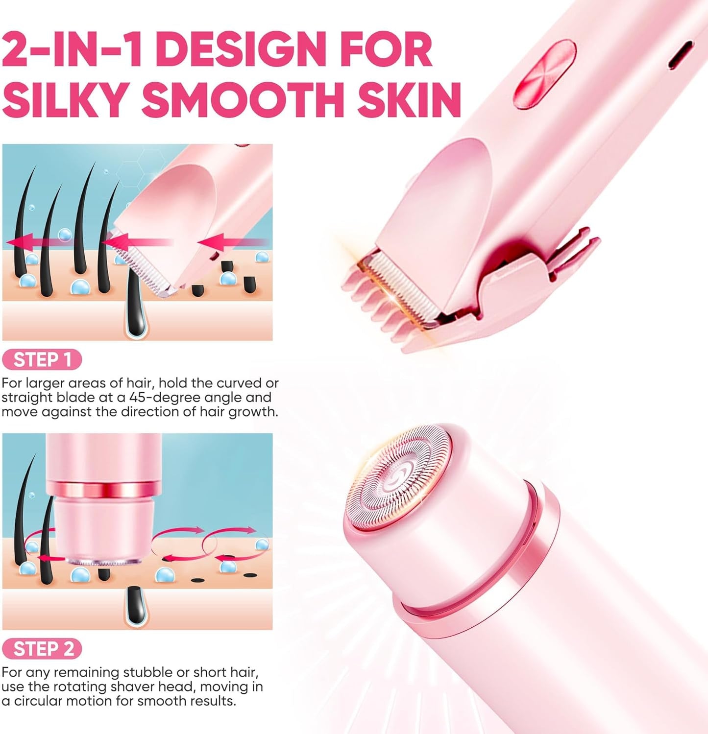 Bikini Shaver, Dermave Trimmer 2.0, 2 in 1 Bikini Trimmer for Women, Dual Head Shaver Women, 2 in 1 Wet & Dry Waterproof Electric Bikini Trimmer for Face, Body & Intimate Areas (Pink)