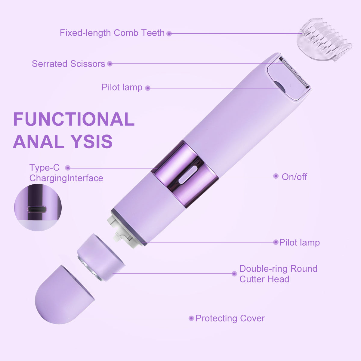 2 in 1 Electric Shaver for Women, Lady Razor, Painless Trimmer, Portable Bikini Trimmer, Wet and Dry, Cordless - Micro USB Rechargeable,Suitable for Face, Lips, Pubic, Underarms, Legs