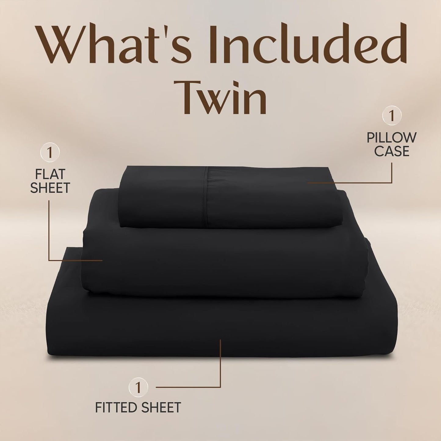 Naiade Twin Size Sheet Set, Soft Microfiber 3 Piece Hotel Luxury Bed Sheets with Deep Pockets, Embroidered Pillow Case, Side Storage Pocket Fitted Sheet, Flat Sheet (Black)