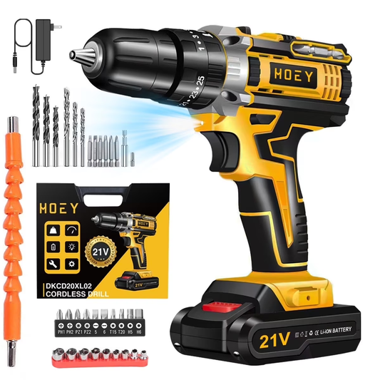 Hoey 21V Cordless Drill Set, Electric Power Drill 34Pcs with 3/8 Inch Keyless Chuck, 25+3 Clutch Compact Driver Drill with Work Light, Max torque 45Nm, 2-Variable Speed & Battery and Fast Charger