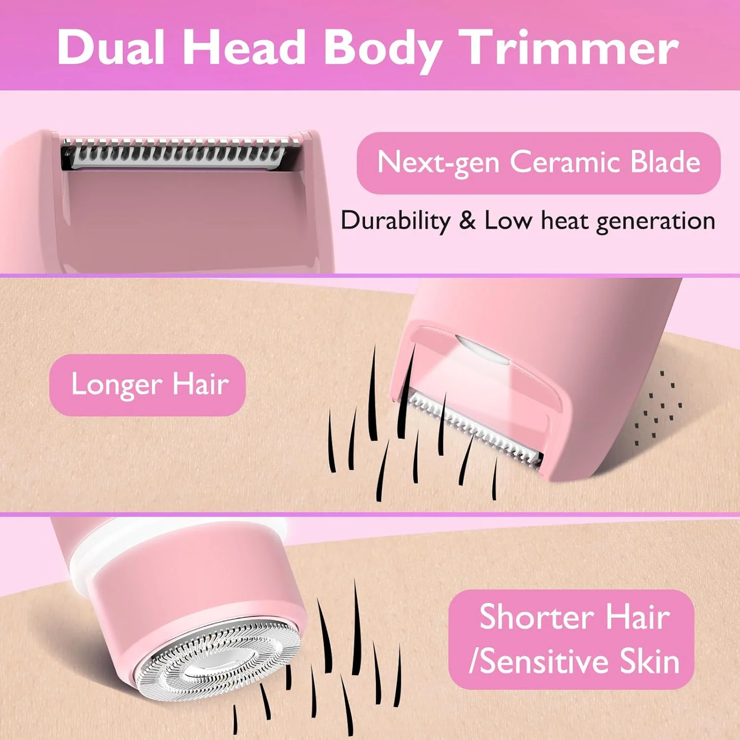 Hoeylife Dual Head Women Electric Razor, 2 in 1 Bikini Trimmer for Women IPX7 Waterproof Wet & Dry Use Body Hair Shaver and Facial Hair Remover for Bikini Leg Arm Body Underarm Face