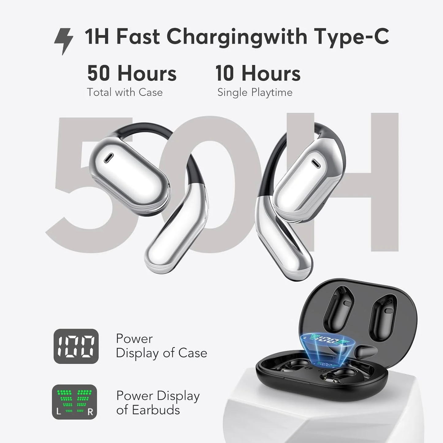 Open Ear Headphones, Bluetooth Headphones 5.4 Sports with Smart Digital Display, 50H Playtime, IP7 Waterproof, Wireless Earbuds Lightweight Design Fit Cycling Running Workout
