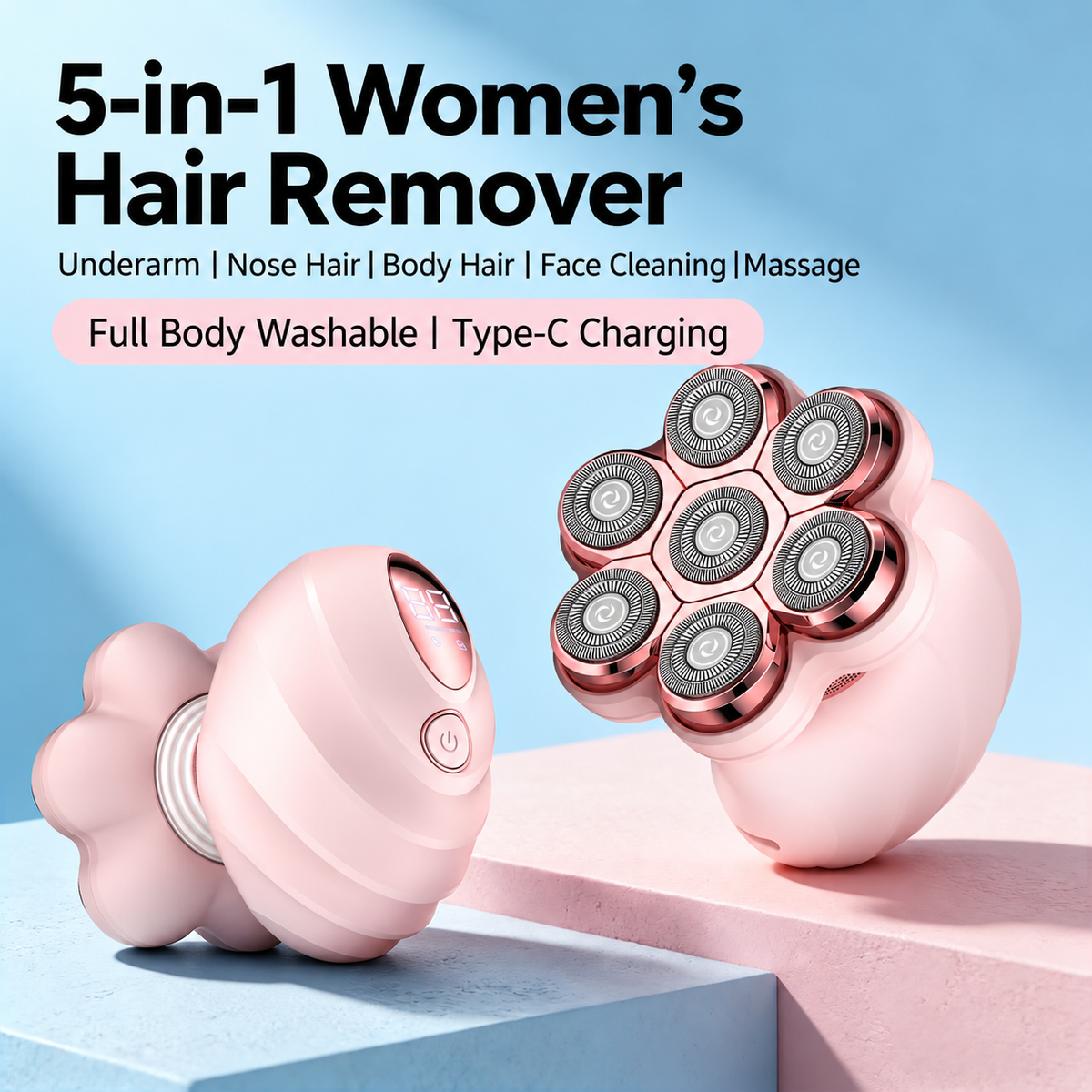Obacre 5-in-1Electric Razors for Women, 7D Magnetic Heads Full Body Shaver, Wet Dry Hair Remover with LED Display, Rechargeable Bikini Trimmer