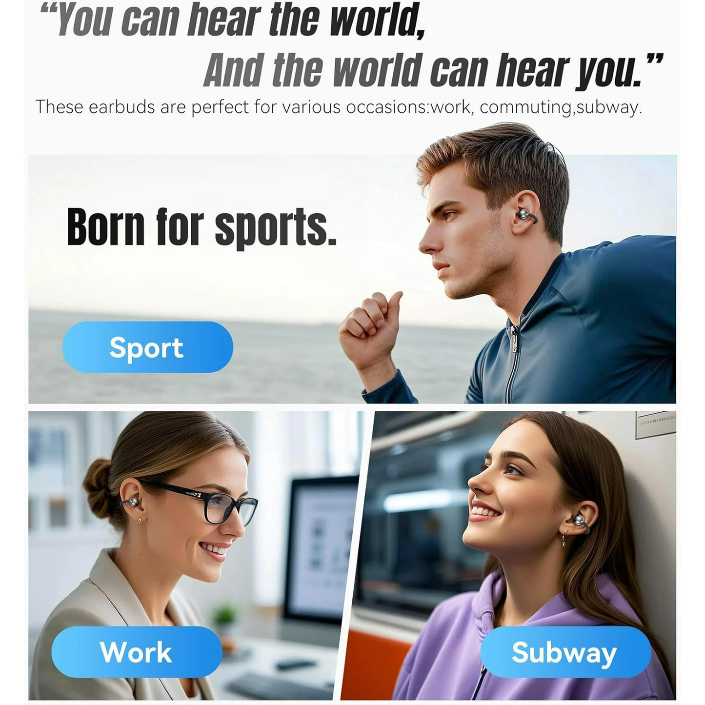 Clip on Earbuds Open Ear Wireless Bluetooth 5.4 Headphones with Mic,50H Play,Noise Cancelling,Waterproof,Sports Ear Buds,Lightweight Open Ear Headphones with C-Shaped Bridge,Workouts (Black)