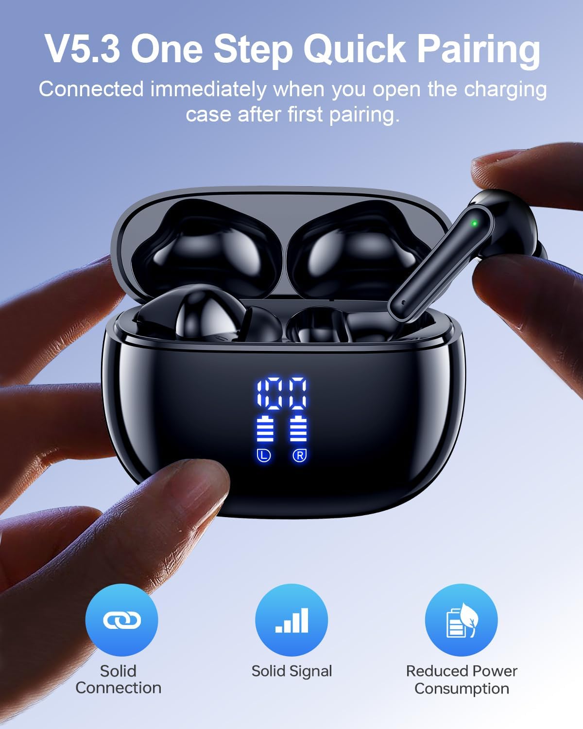 Wireless Earbuds Bluetooth Headphones, Ear Buds with Deep Bass, 40H Long Playtime, Power Display, IPX7 Waterproof in Ear Earphone with Mic for Phone Tablet Sports Workout, Black