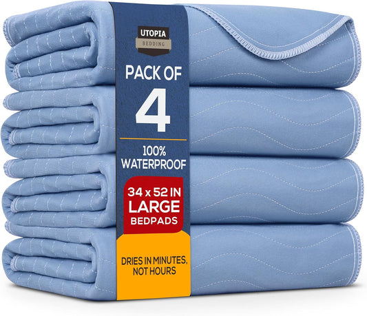 Bedding Washable Underpads 34" x 52" (Pack of 4), Waterproof Reusable Heavy Absorbency Incontinence Bed Pads for Adults, Kids, Elderly and Pets, Bedwetting Pads for Sofa and Couch (Blue)