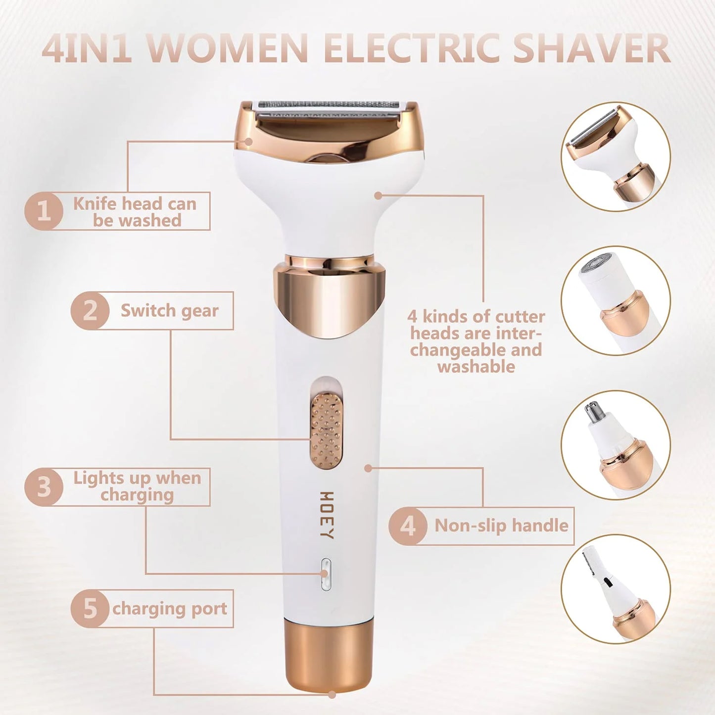 Electric Shaver for Women Men,Wet & Dry Cordless Electric Razor with 4 Accessories,Rechargeable Beauty Lady Led Display Facial Hair Remover,Smooth & Silky Bikini Trimmer for Face Body