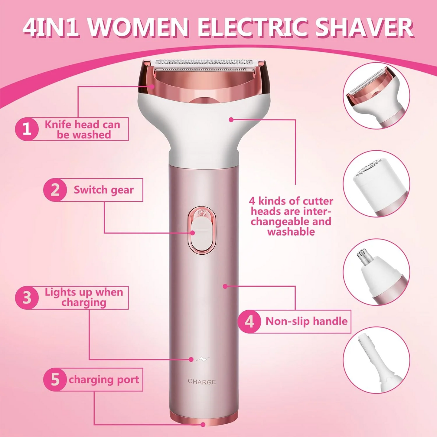 Electric Razor for Women 4 in 1 Rechargeable Painless Body Razors and Facial Hair Remover for Bikini Leg Body Face Underarm