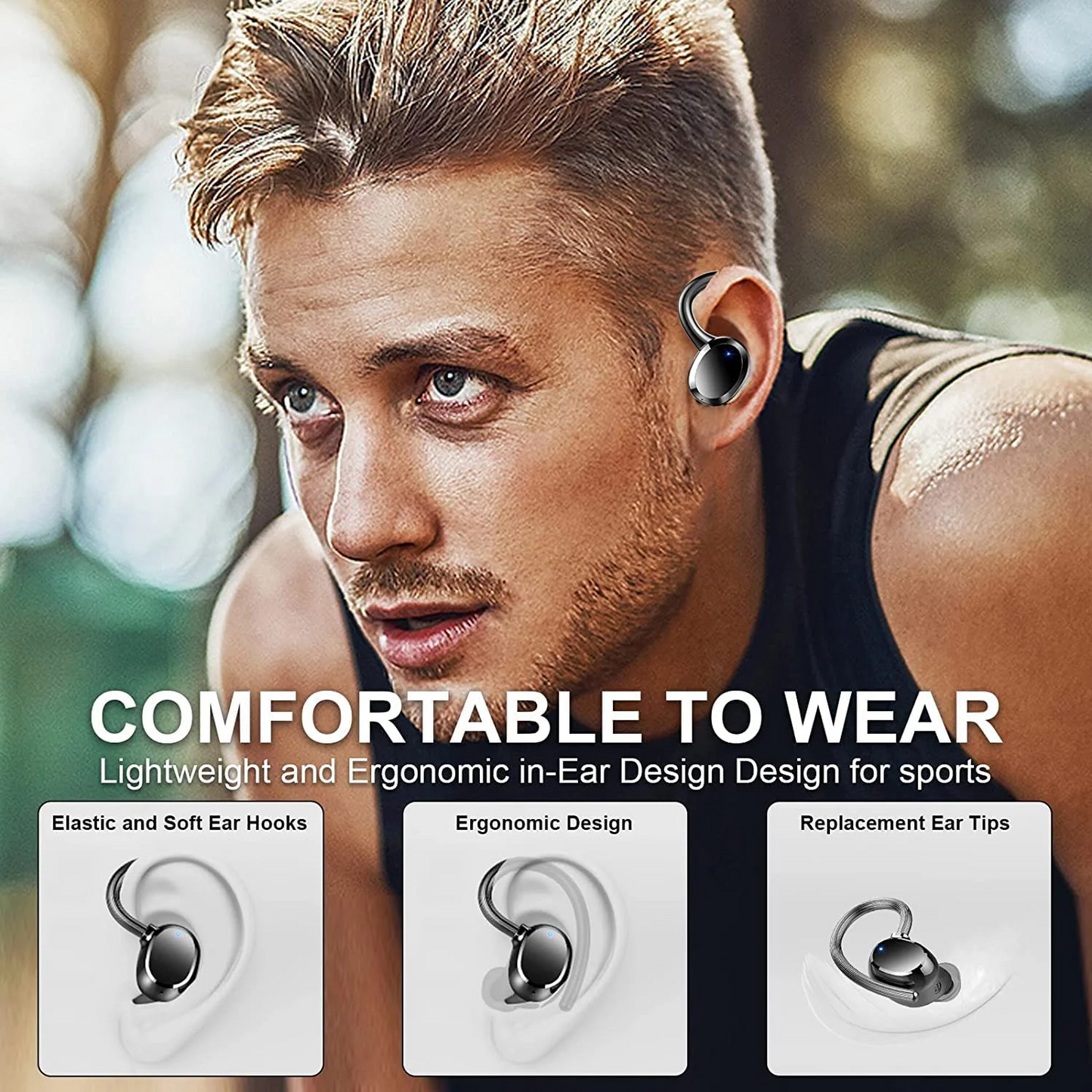 Bluetooth Headphones Wireless Earbuds, Bluetooth 5.3 Stereo Earphones, Noise Cancelling Mic, IPX7 Waterproof Ear Buds for Workout/Running Black