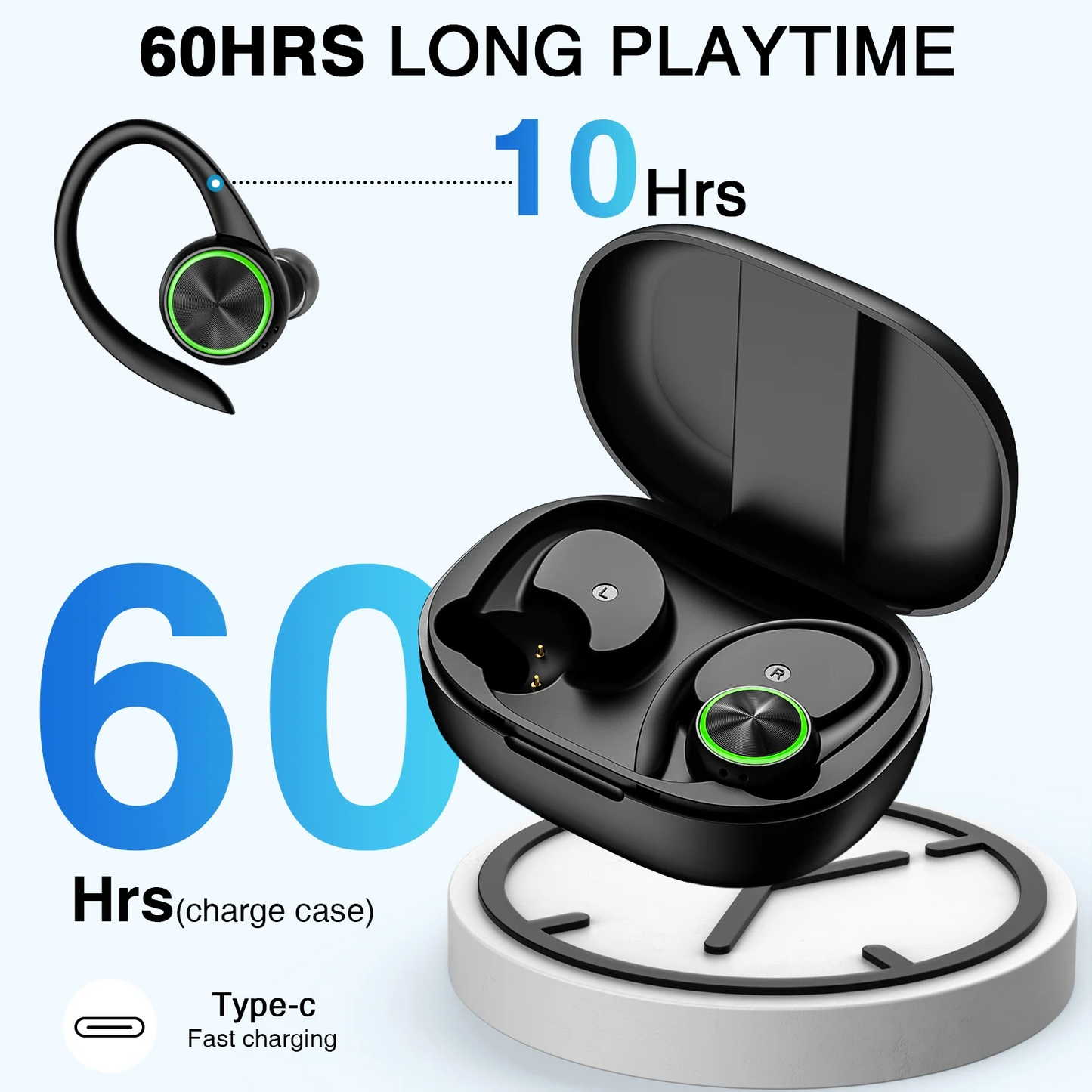 Bluetooth Headphones Wireless Earbuds, Bluetooth 5.3 Stereo Earphones, Noise Cancelling Mic, IPX7 Waterproof Ear Buds for Workout/Running Black