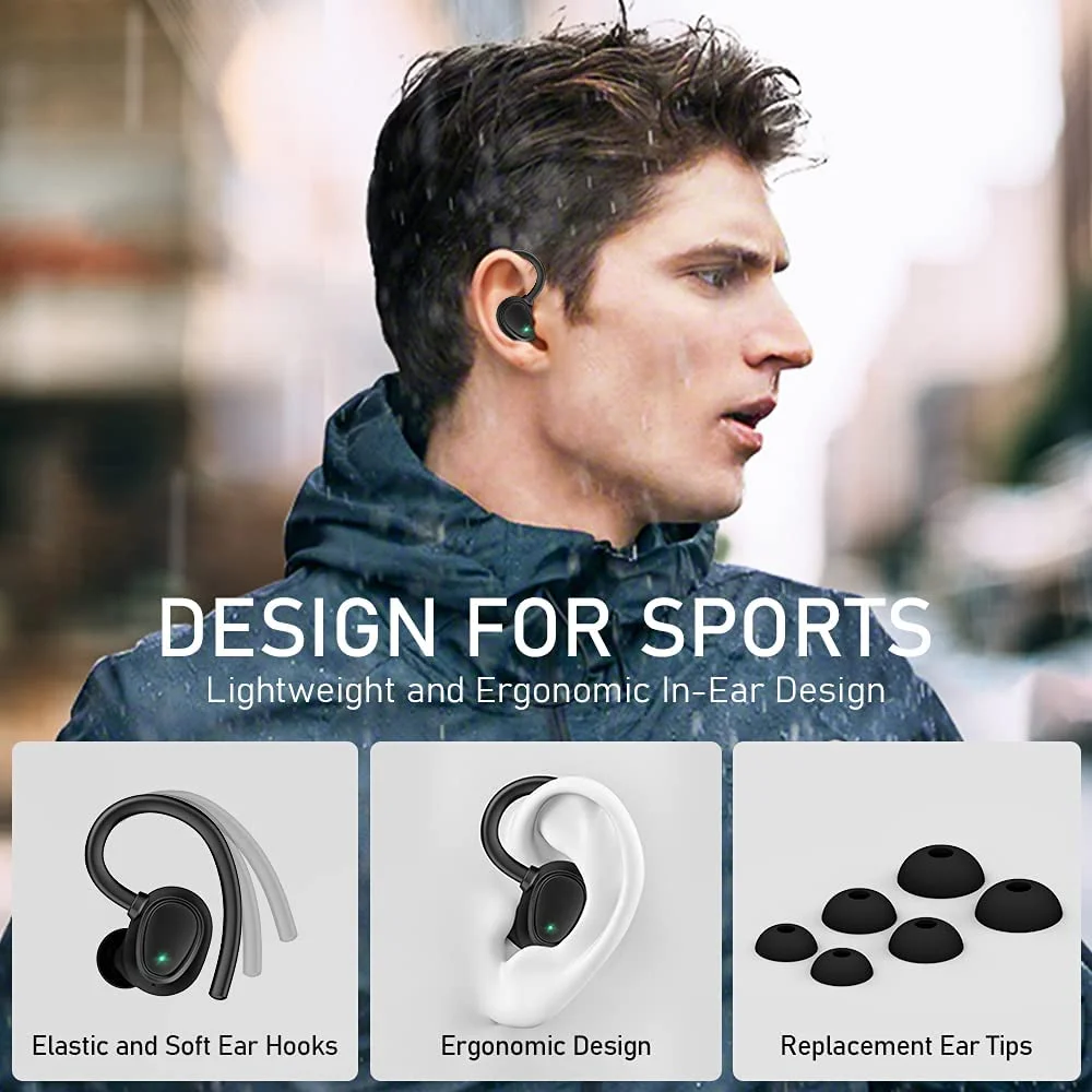 Bluetooth Headphones Wireless Earbuds 80hrs Playtime Wireless Charging Case Digital Display Sports Ear Buds with Earhook Deep Bass IPX7 Waterproof Over-Ear Earphones for TV Phone Laptop