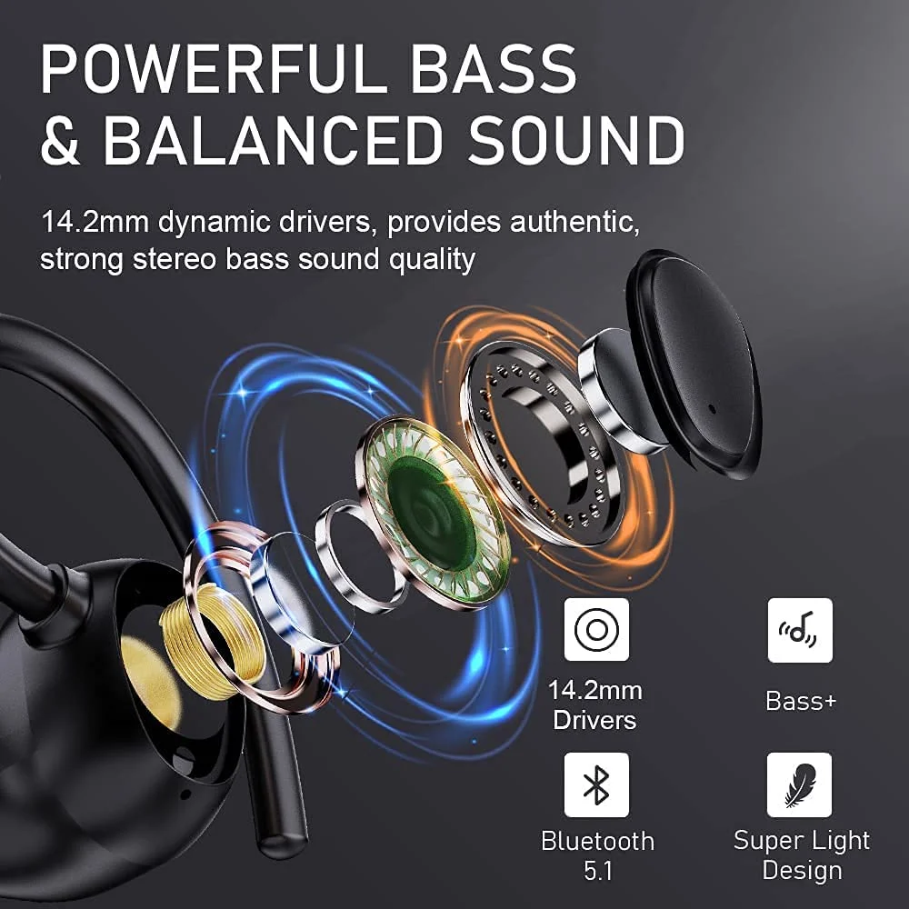 Bluetooth Headphones Wireless Earbuds 80hrs Playtime Wireless Charging Case Digital Display Sports Ear Buds with Earhook Deep Bass IPX7 Waterproof Over-Ear Earphones for TV Phone Laptop