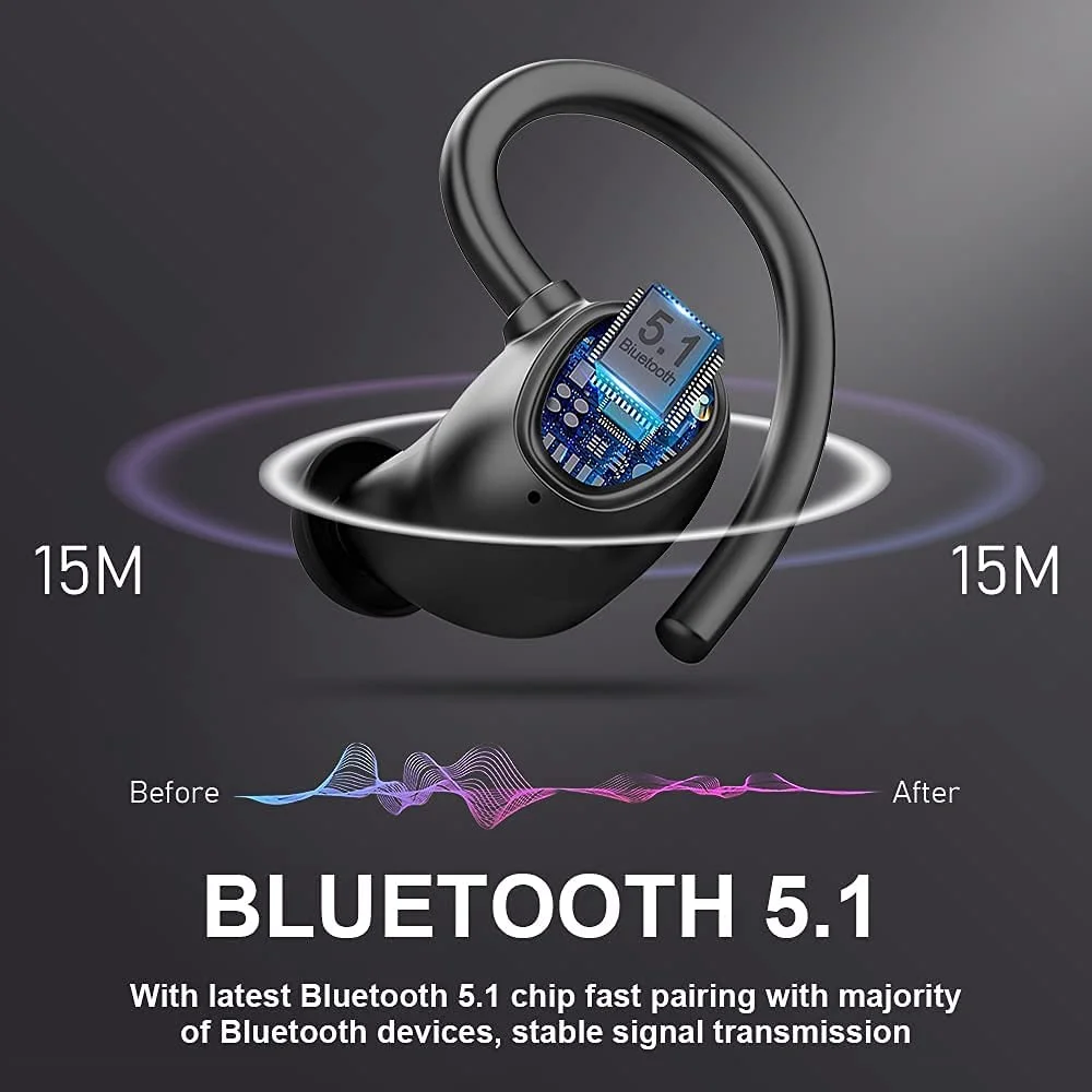 Bluetooth Headphones Wireless Earbuds 80hrs Playtime Wireless Charging Case Digital Display Sports Ear Buds with Earhook Deep Bass IPX7 Waterproof Over-Ear Earphones for TV Phone Laptop