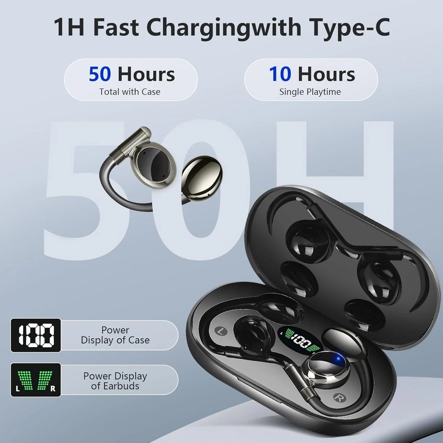 2025 Bluetooth Headphones, 50hrs Stereo Deep Bass Ear Buds with Power Display Charging Case, buit in Mic, IPX5 Waterproof Headset for iPhone Andriod Phones