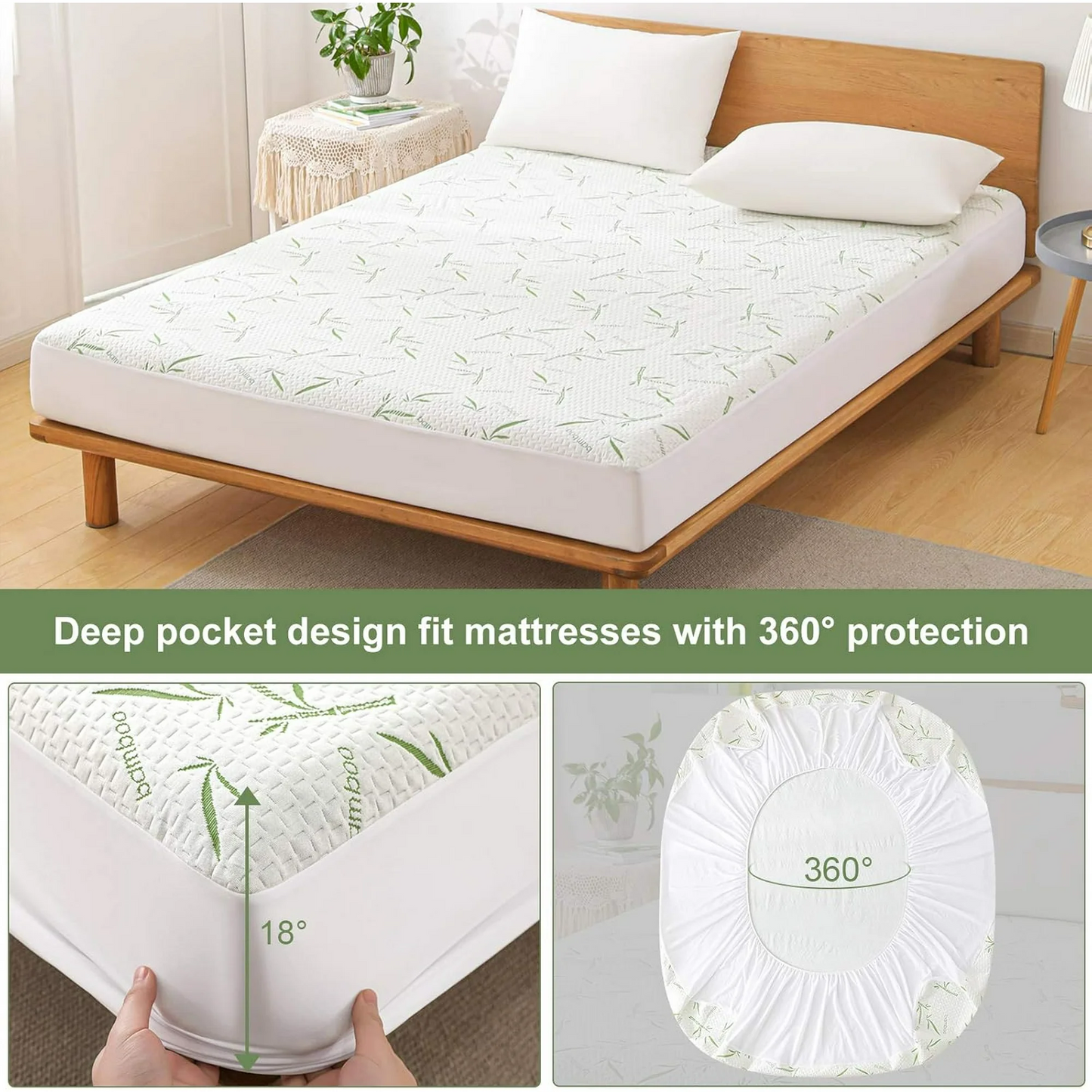 Hoey Full Waterproof Mattress Protector, Rayon Made from Bamboo Mattress Pad Cover, Soft Breathable Cooling Mattress Pad Cover, Mattress Protector up to 21in Deep Pocket Tightly Fitted Mattress Protection