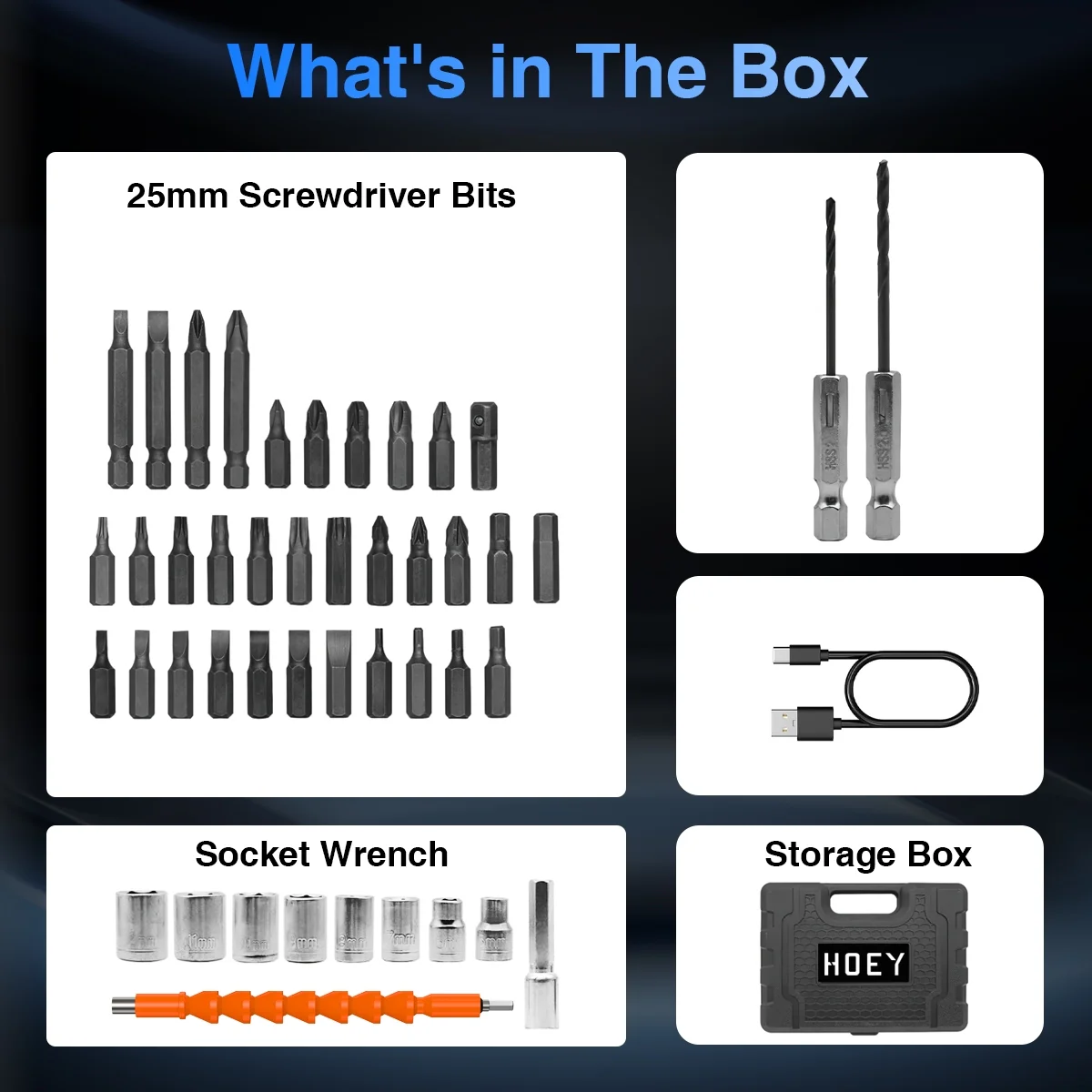 Hoey Cordless Screwdriver, 47 in 1 Electric Screwdriver,Dual Position Handle with USB Cable LED Light for Home Office DIY Tools