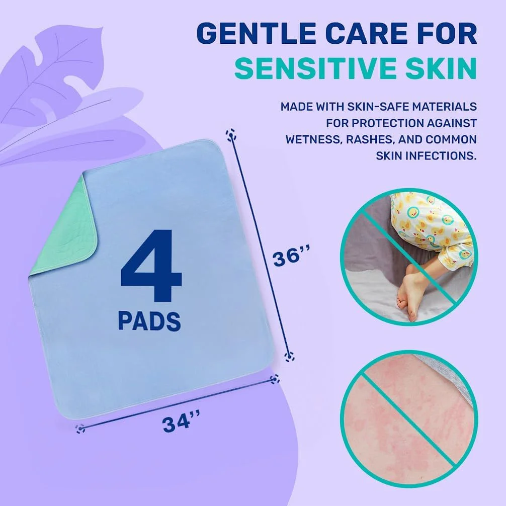 Hoey 4 Pack 36” x 34” Extra Heavy Absorbency Washable Underpads, Waterproof Nursing Pads Incontinence Bed Pads, Reusable Washable Pee Pads for Dogs, Diaper Changing & Adults, Mattress Protector