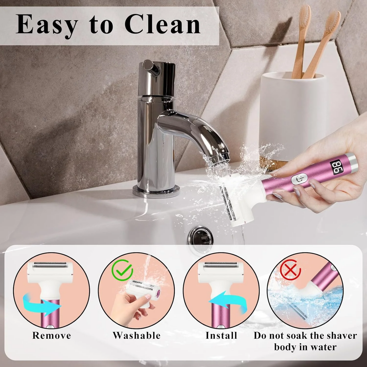 Hoey 5 in 1 Painless Hair Remover for Women, Facial Hair Removal, Electric Cordless Shaver Set, Wet & Dry Lady Razor for Women for Bikini Line, Nose Hair, Eyebrow, Arm, Leg USB Rechargeable