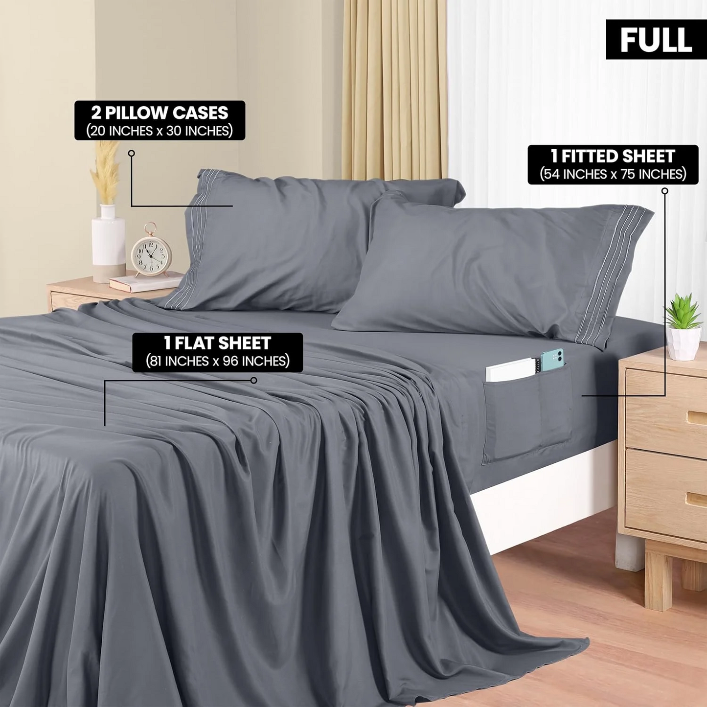 Hoey Full Size Sheet Set, Soft Microfiber 4 Piece Hotel Luxury Bed Sheets with Deep Pockets, Embroidered Pillow Case, Side Storage Pocket Fitted Sheet, Flat Sheet (Gray)